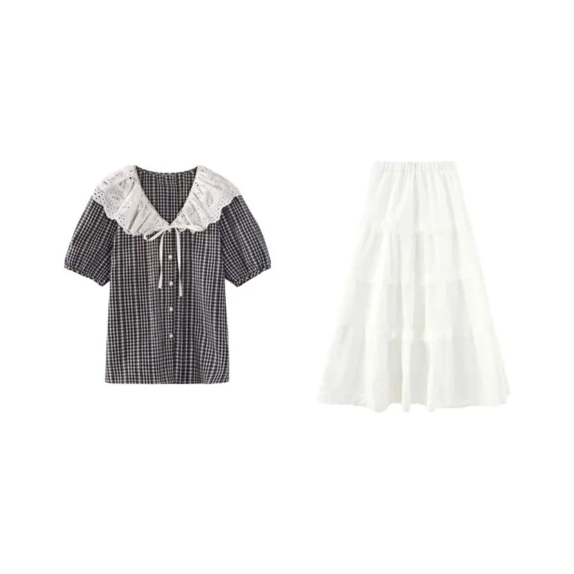 HUINIAN Комплект с юбкой Женская Клетчатый топ Белая юбка