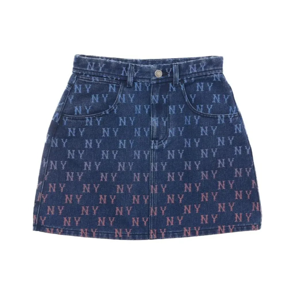 Mlb Base Logo Нью-Йорк Янкис Деним Градиент Жаккард Monogram NEW YORK YANKEES Джинсовые короткие юбки Женские Синий