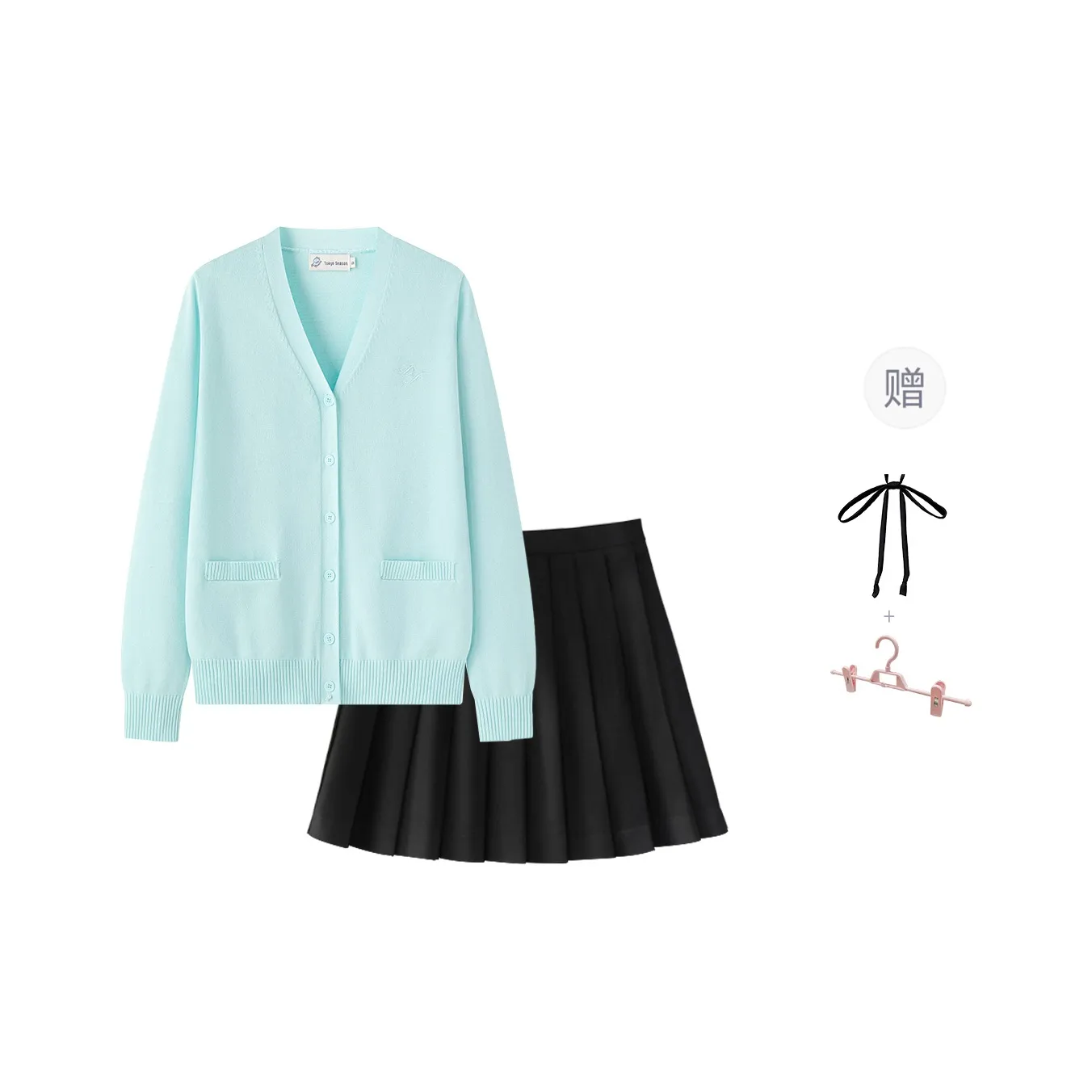 Tokyo Season Uniforms Women's Aqua Blue Sweater+Black Pleated Skirt, Comes With Free Turtleneck Cord
