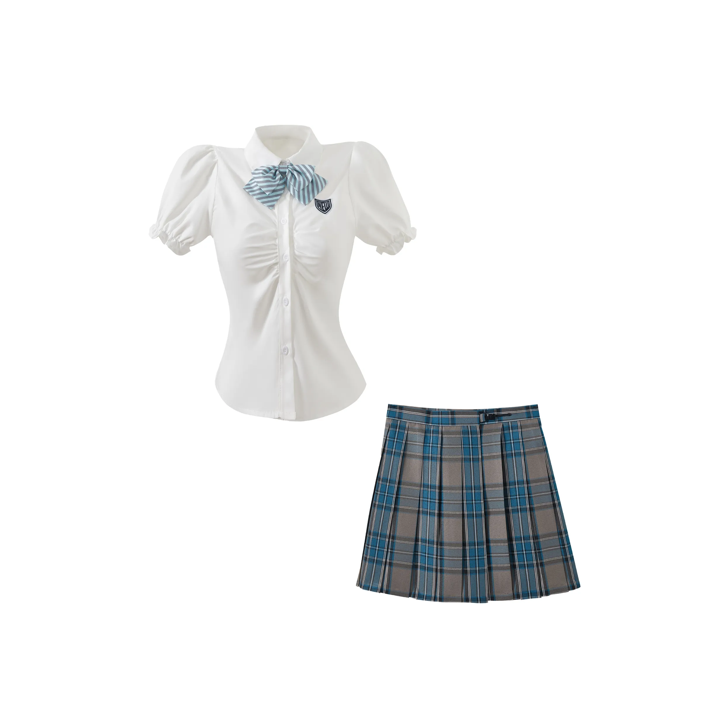 KAZAN Белая рубашка с рукавом-буфом + голубо-серая плиссированная юбка + синий и черный галстук-бабочка Женская униформа