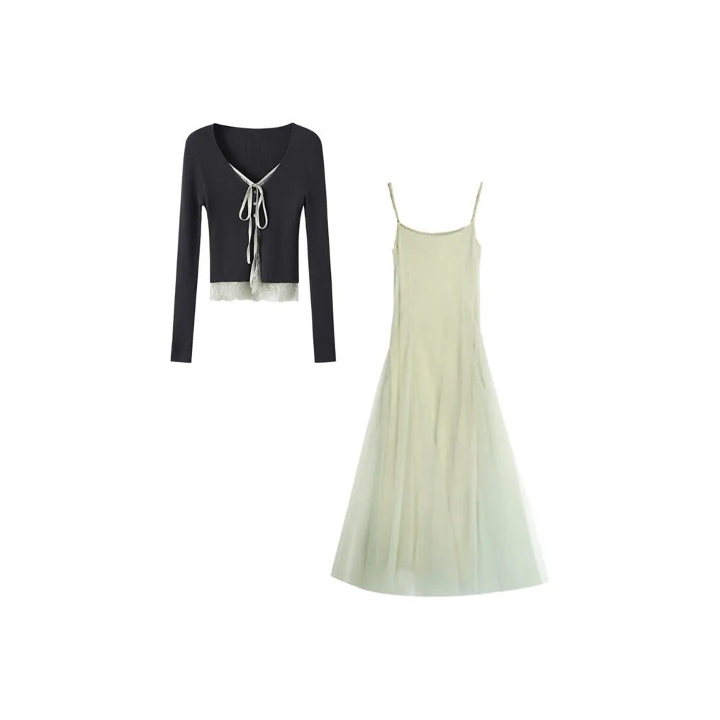 JOSR Черный Пальто/Зеленая Юбка Женские Комплекты с юбкой