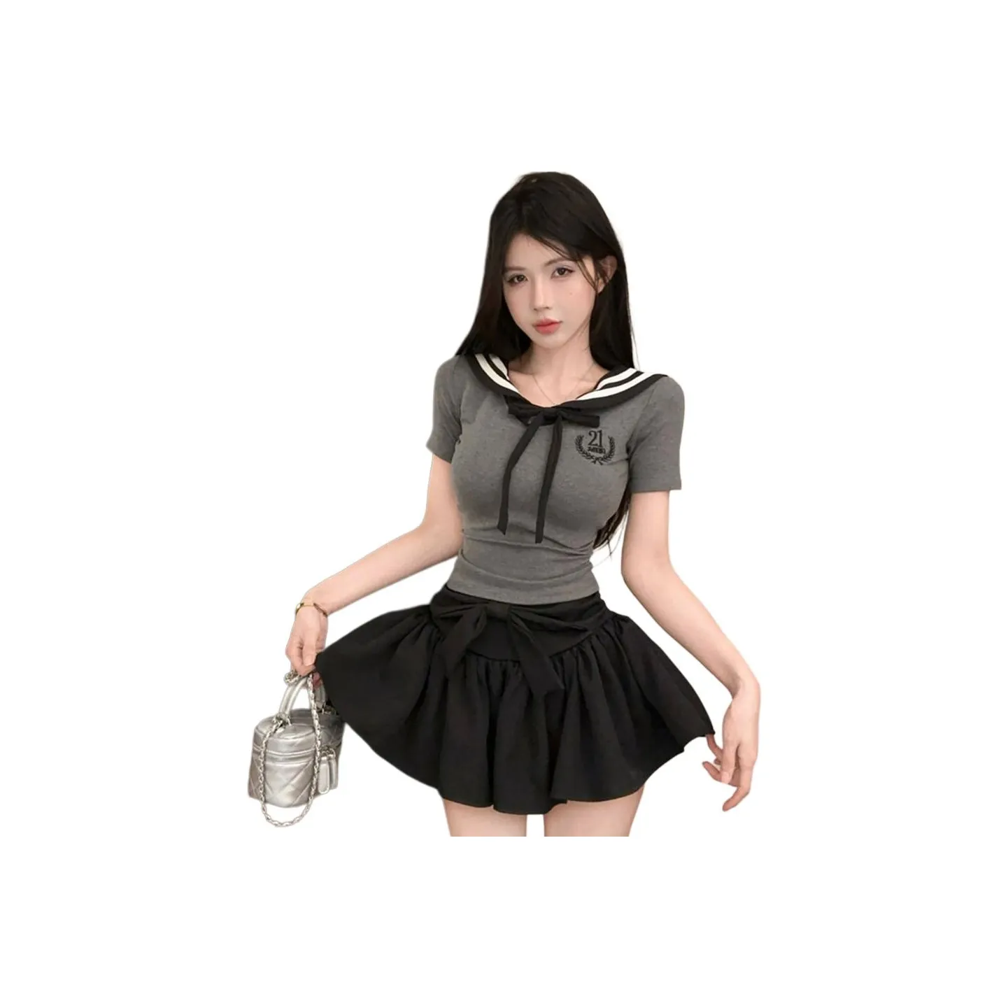 Garbege Комплект с юбкой Женские Серый T-галстук-бабочка Черная Юбка