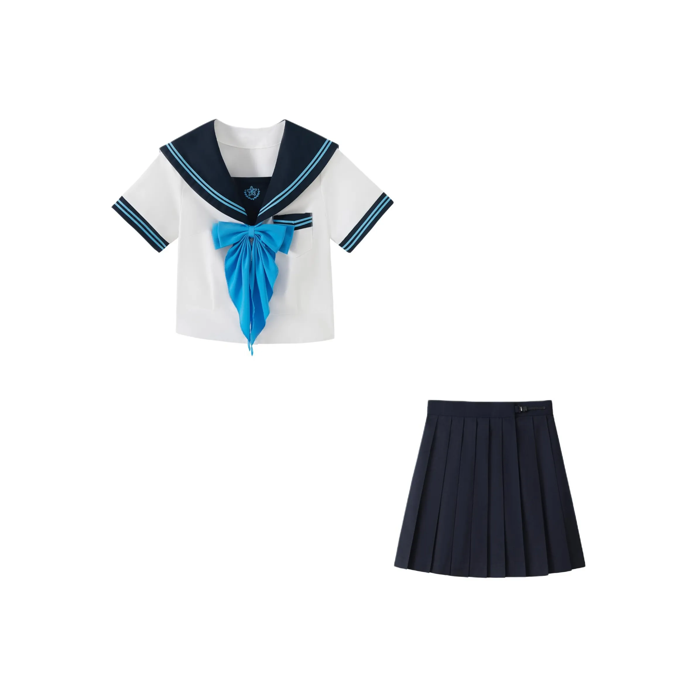 KAZAN Uniforms Women's Short Sleeved Navy Blue & Navy Blue Pleated Skirt With Blue Bow Ties