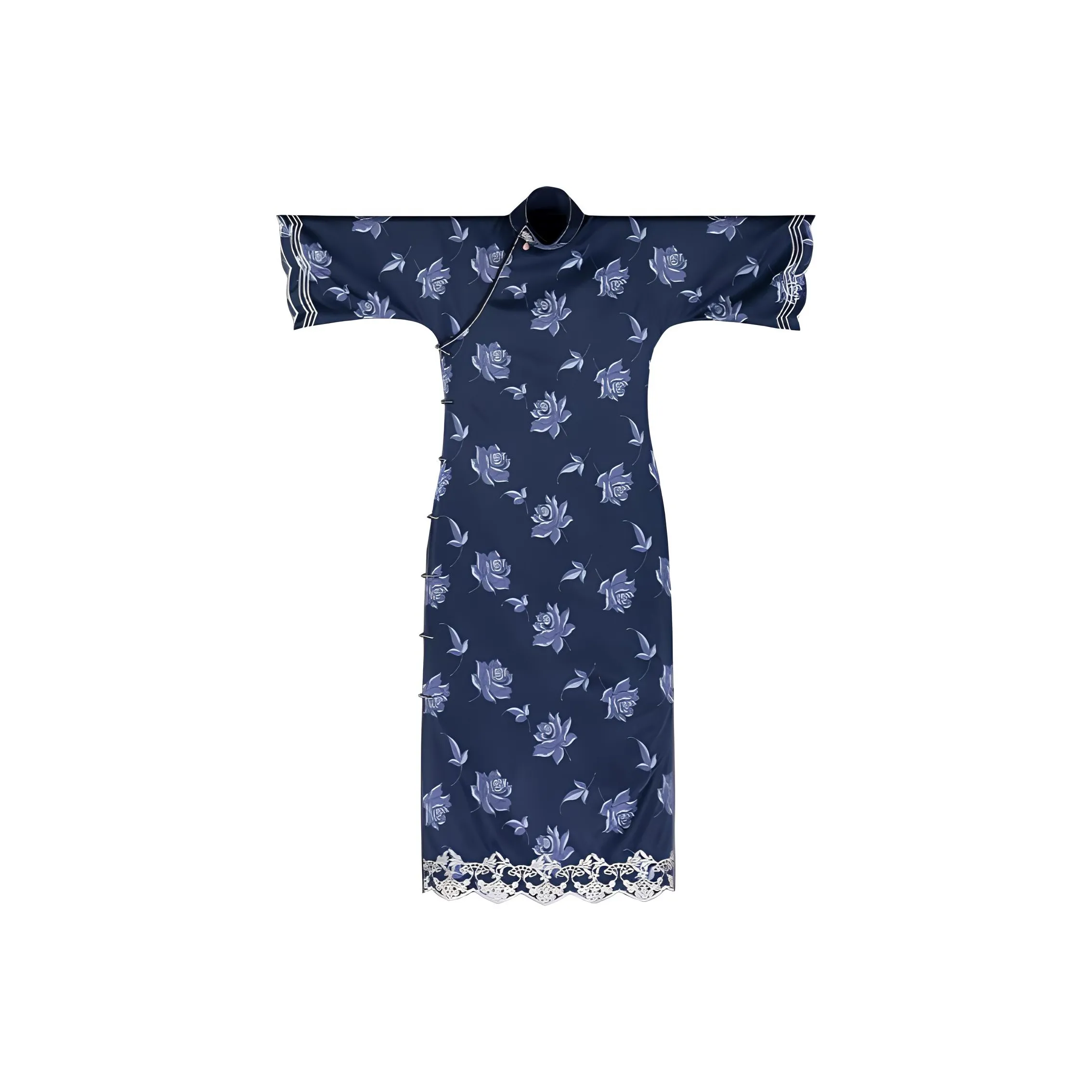 YICHENGFENGXU Чунсам Женский Темно-синий с принтом шелк эластичный сатин