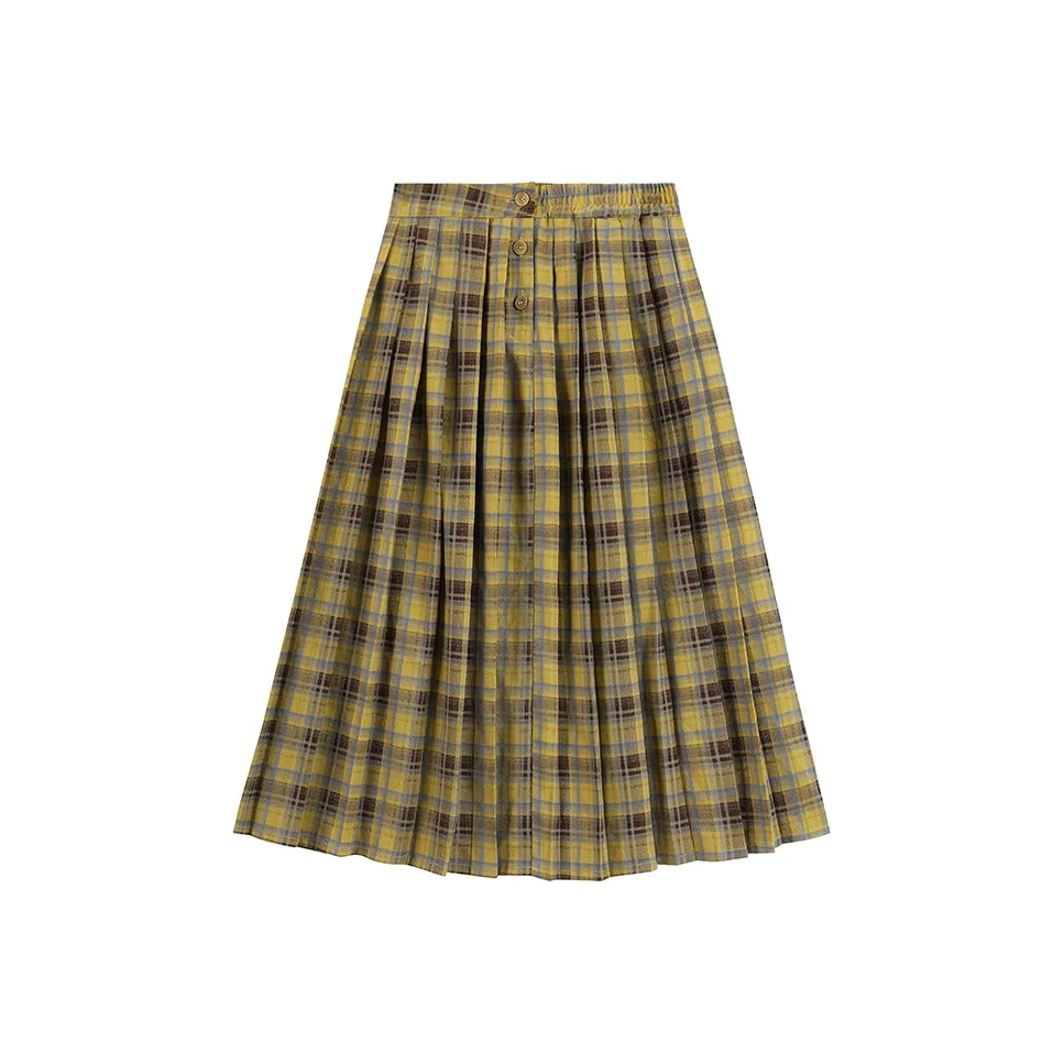 Crying Center Casual Long Skirt Unisex Mustard Fruit Green Plaid