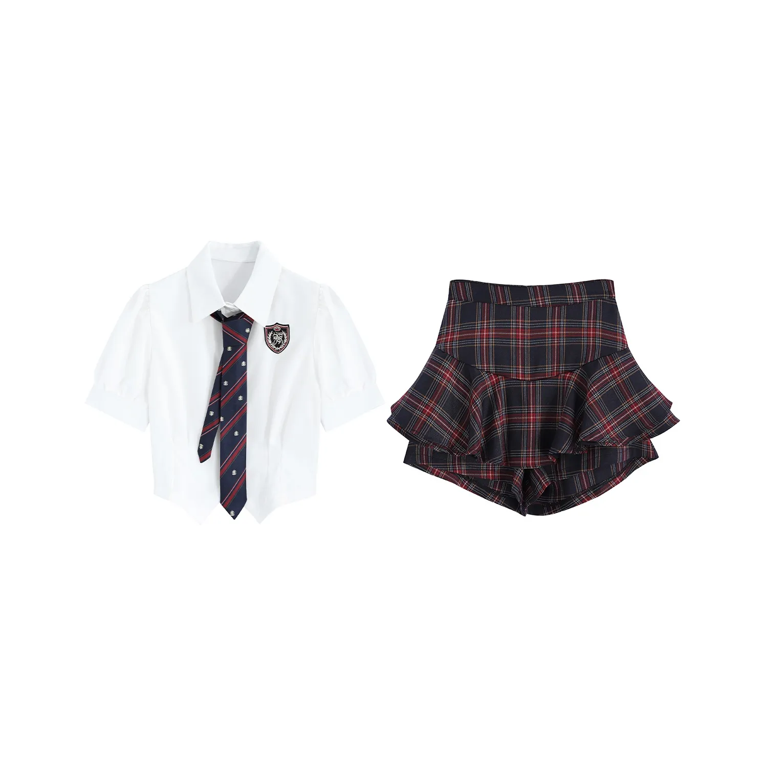 PZGE Uniform Women's Clothing Set Shirt+Tie+Plaid Skort