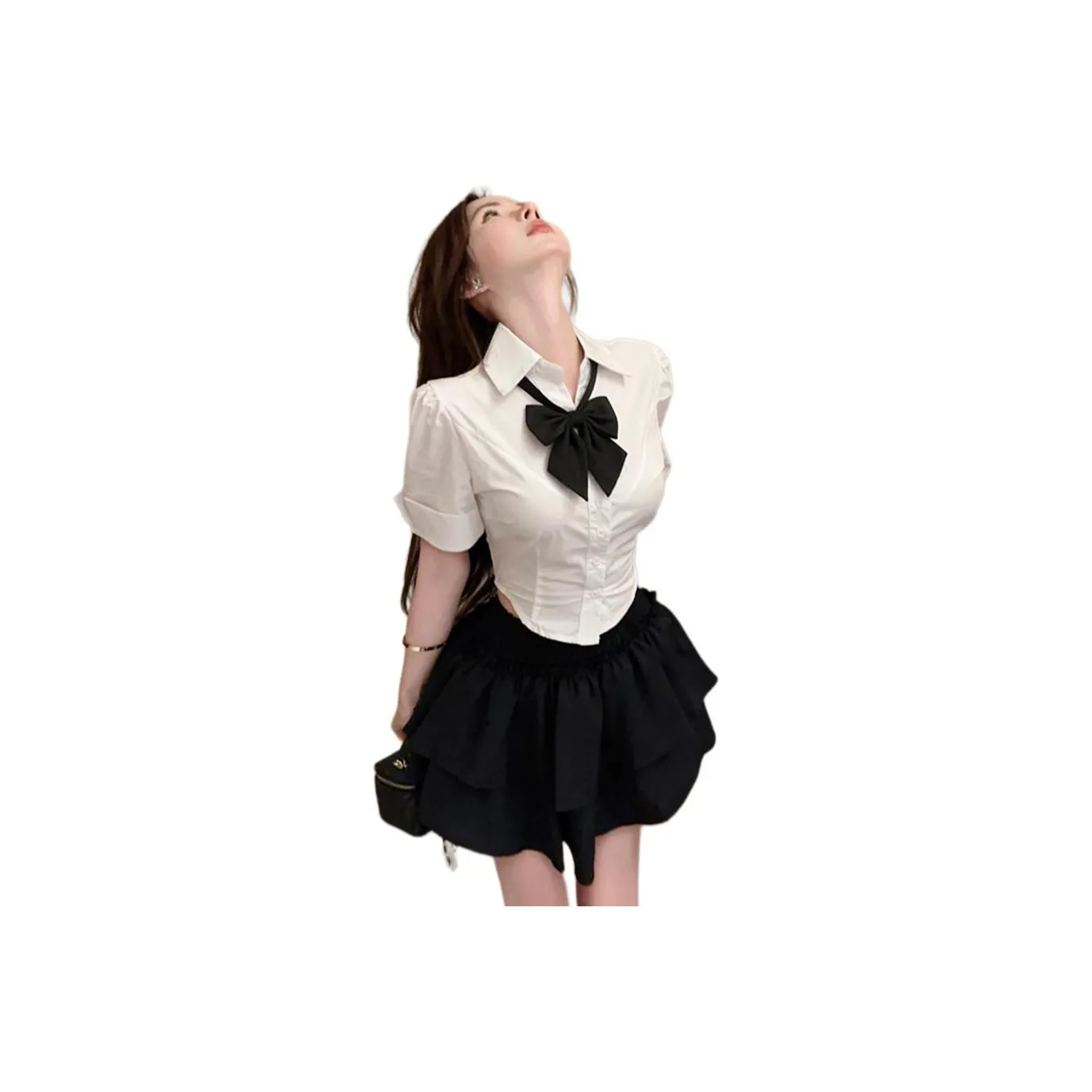 Garbege Uniforms Women's White Shirt Bow Tie Black Puffy Skirt Clothing Sets