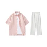 의류 세트 (핑크 반팔 셔츠 + 라이트 멜란지 그레이 캐주얼 팬츠)