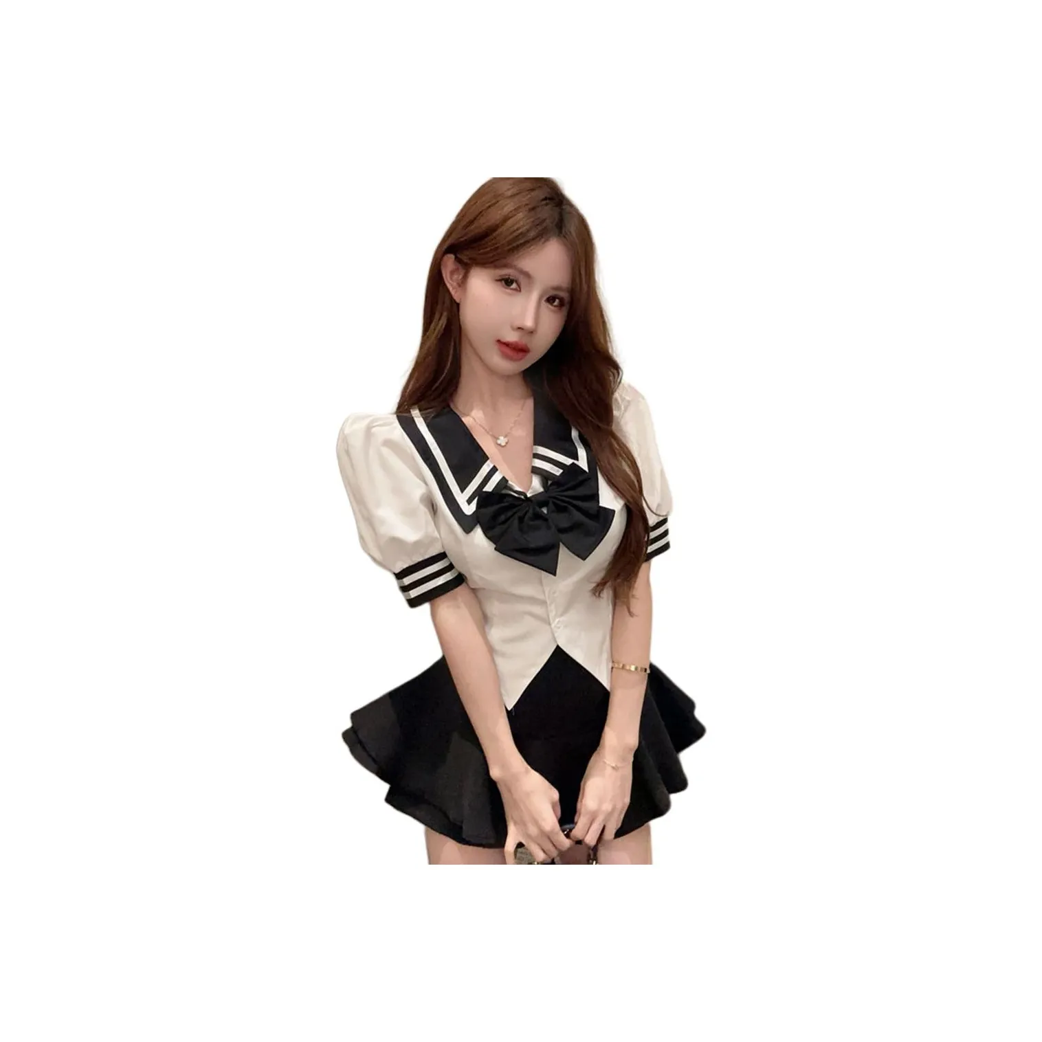 Garbege Uniforms Women's White Shirt Bow Tie+Black Skirt Set
