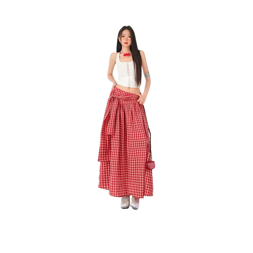 Kazakhstan Повседневный Длинный Юбка Женская Красная Клетка