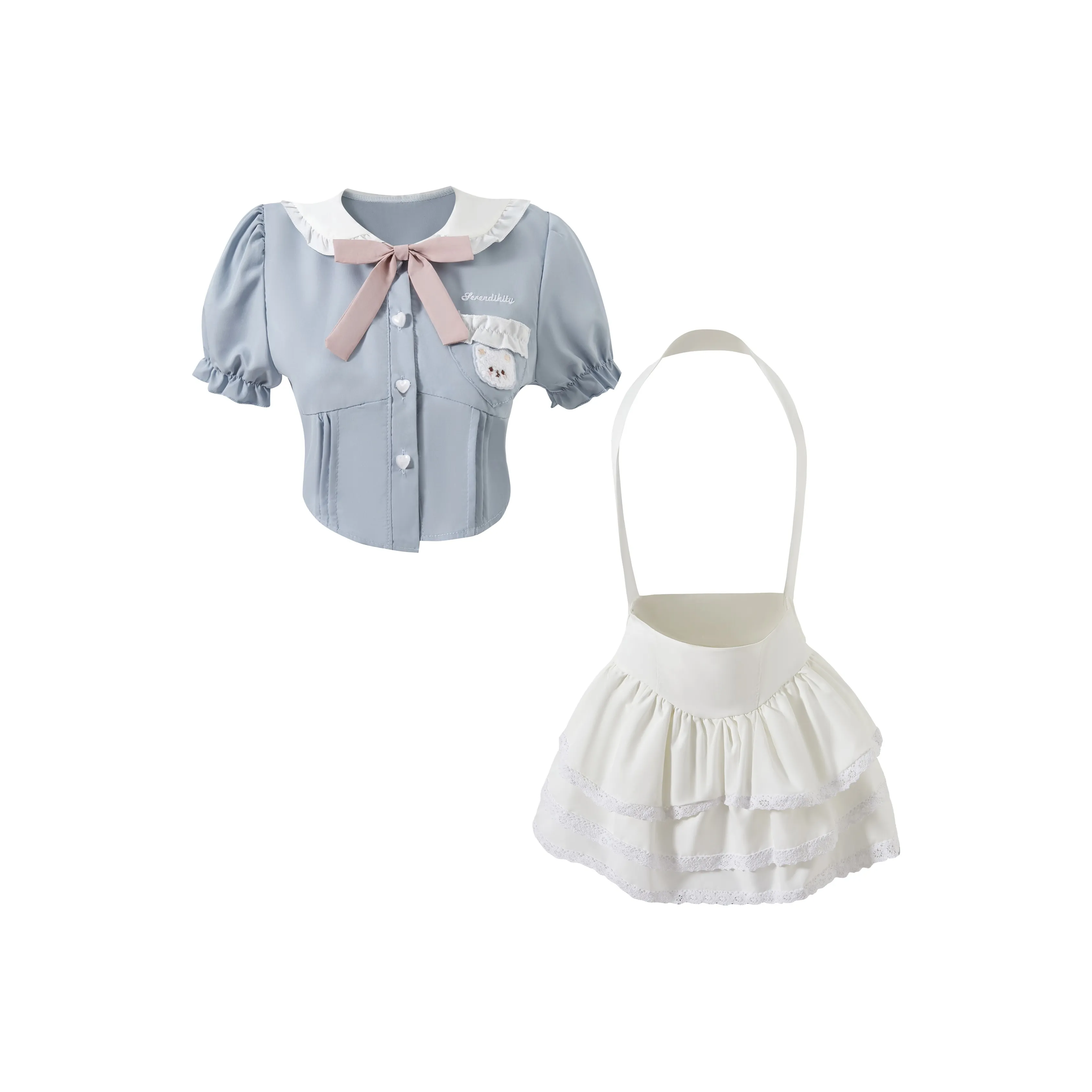 KAZAN UNIFORM Женские Двухкомпонентный Комплект Синий Кукольный Ожерелье-рубашка + Бежевый Торт Ремешок Платье