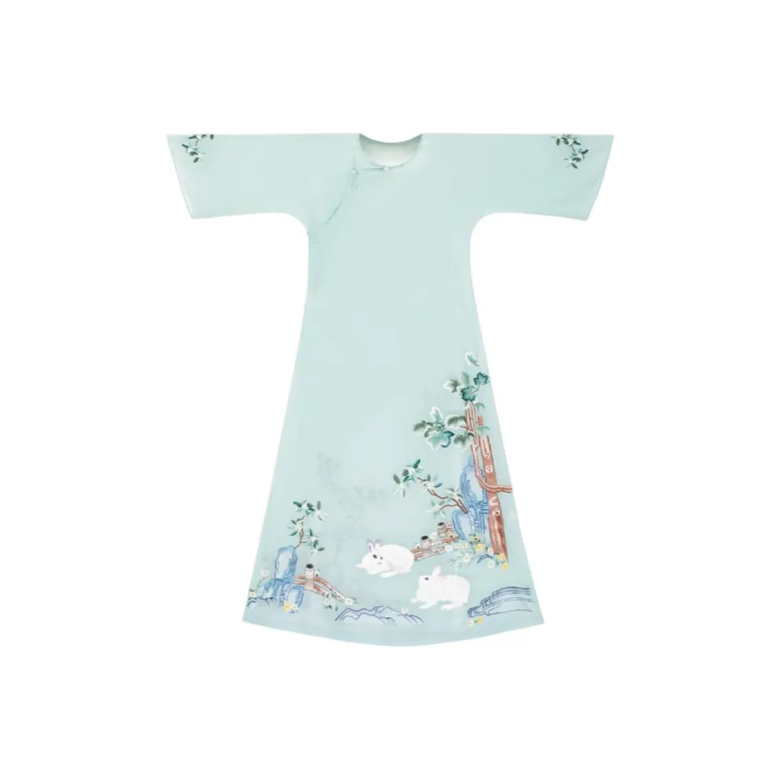 YICHENGFENGXU Чонсам Женский Синий Зеленый Марля Вышитый Цветочный Дизайн