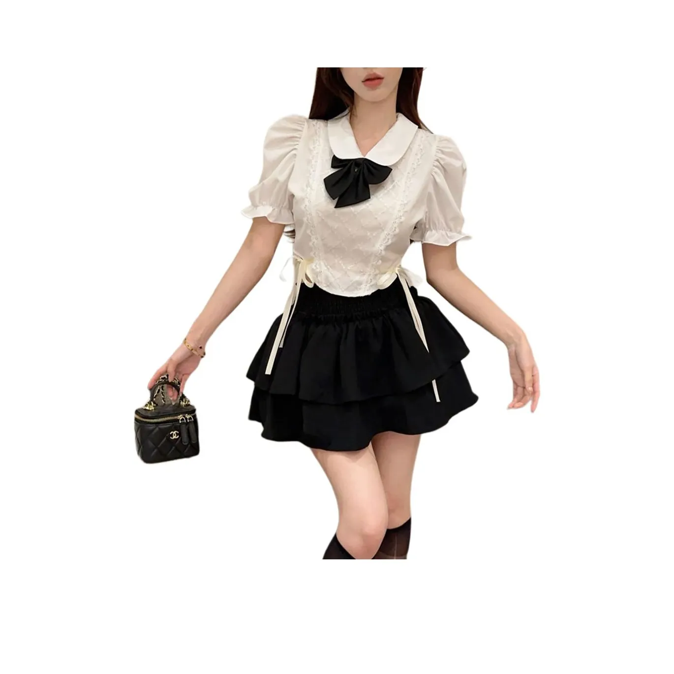 Garbege Юбка Женская Белая Топ Галстук-бабочка Черная Юбка Комплект Одежды
