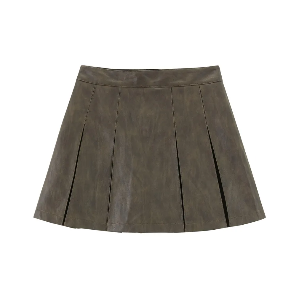 LEDIN Кожаная короткая юбка женская коричневого цвета