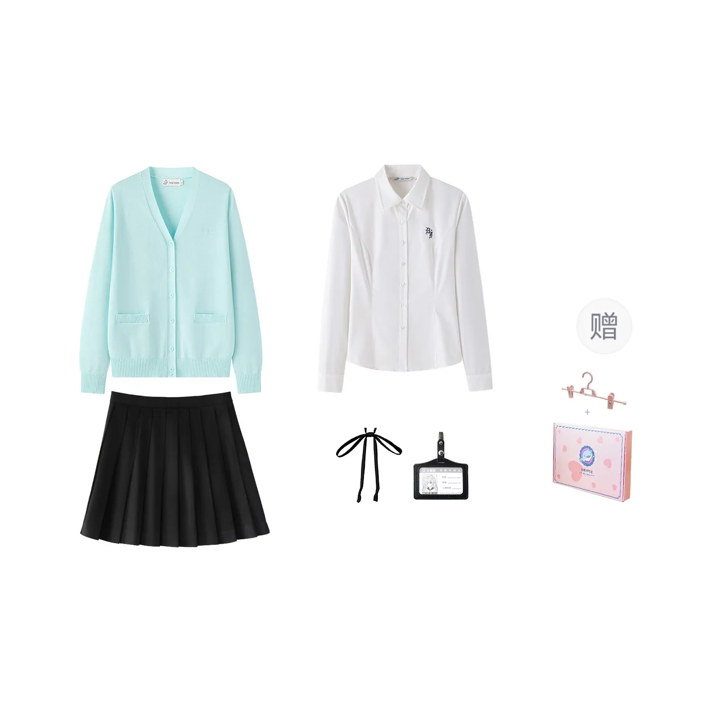 Tokyo Season Uniforms Women's Aqua Blue Sweater+Black Pleated Skirt, Includes Free Shirt+Collar+Hanger Tag