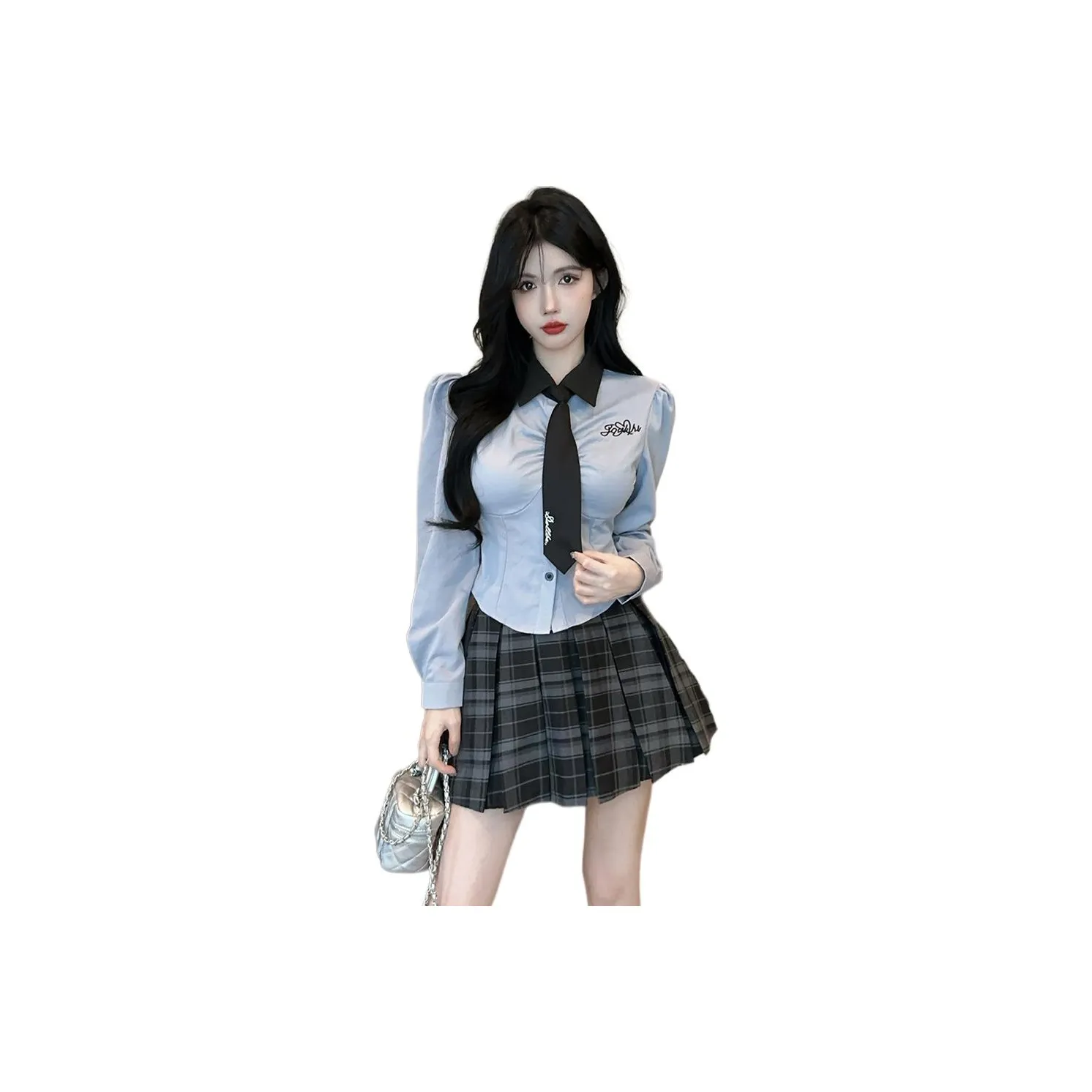DGMZ Uniforms Women's Blue Shirt Tie Plaid Skirt Clothing Set