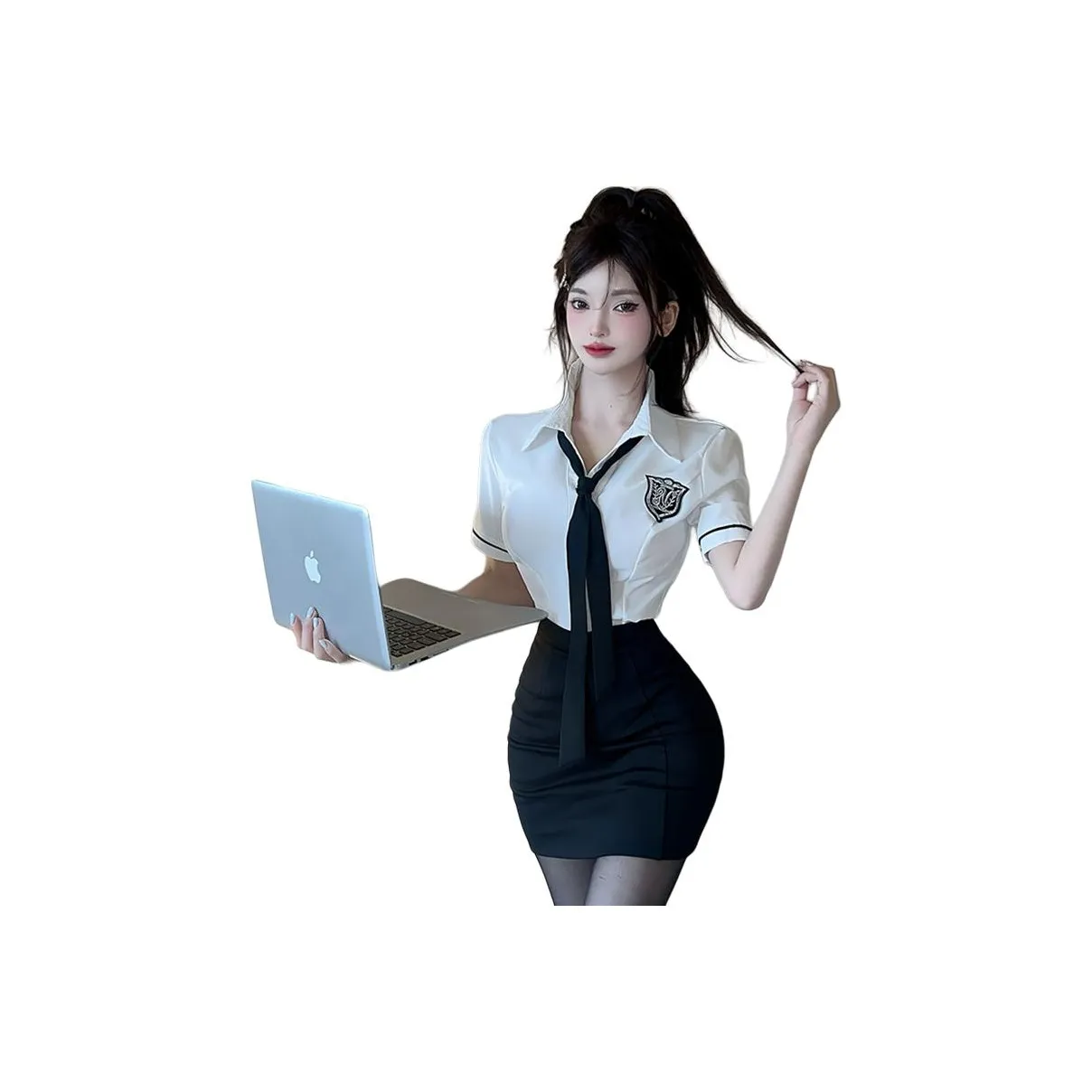 DGMZ Uniforms Women's White Shirt Tie Black Skirt Clothing Sets