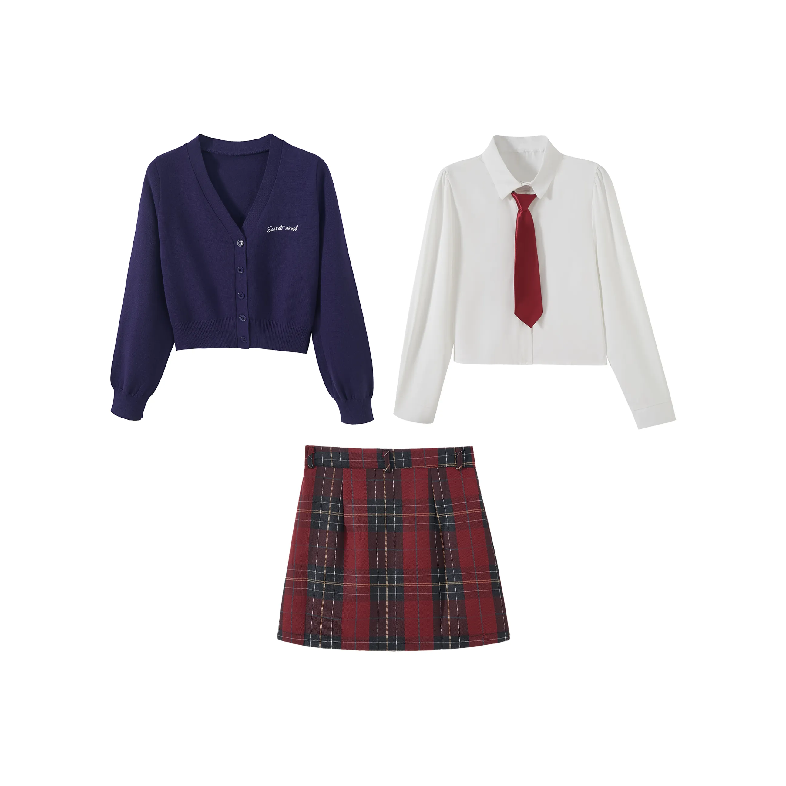 KAZAN Темно-синий Внутренняя одежда Четырехпредметный Набор Темно-синий Длинный рукав Кардиган + Белая длинная рукав Рубашка + Красная и Синяя клетка Юбка + Красный галстук + Значок Женская униформа