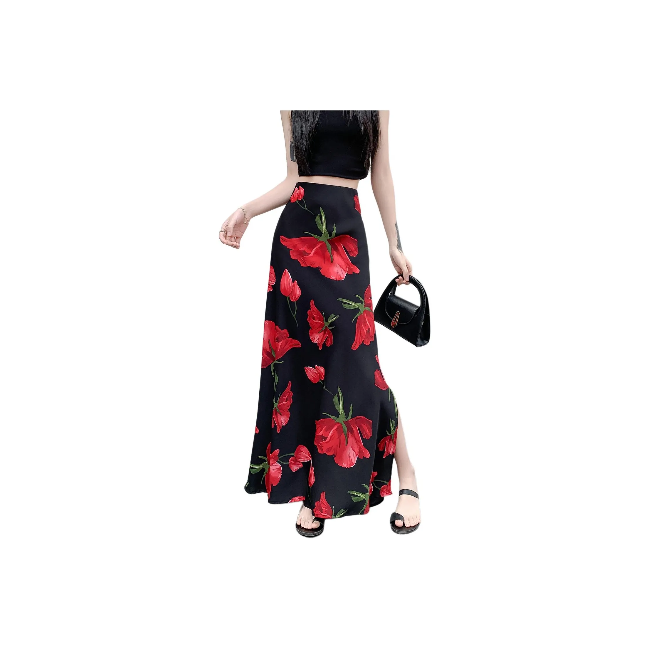 Wbwq Повседневный Длинный Юбка Женские Черный с Красным Цветочным