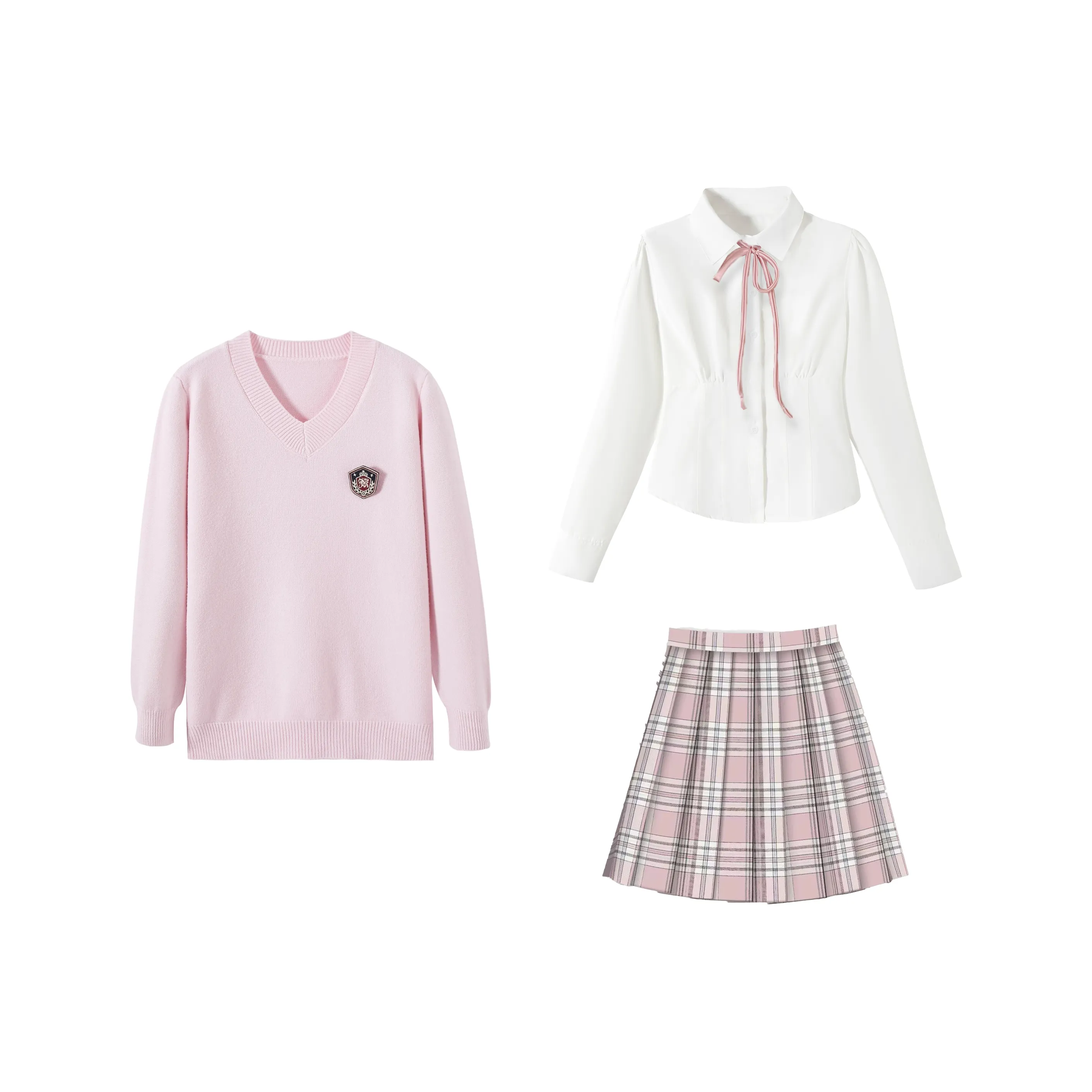 KAZAN Розовый В-образный вырез Свитер + Белая Рубашка с утяжкой на талии + Розовая Плиссированная Юбка + Розовый Узел Женская Униформа