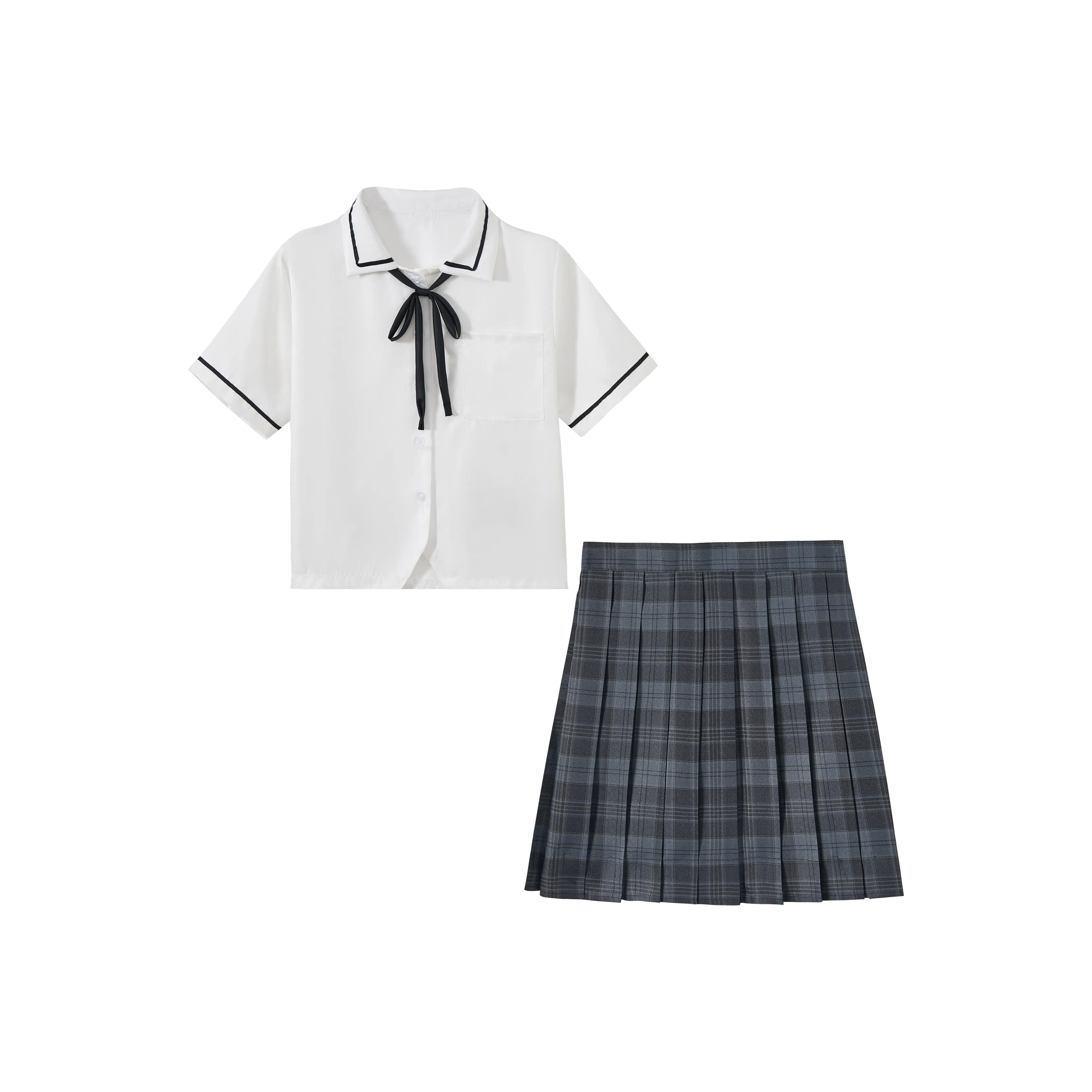 KAZAN Черная Полосатая Короткая Рубашка с Рукавами + Синяя и Черная Плиссированная Юбка Женская Униформа