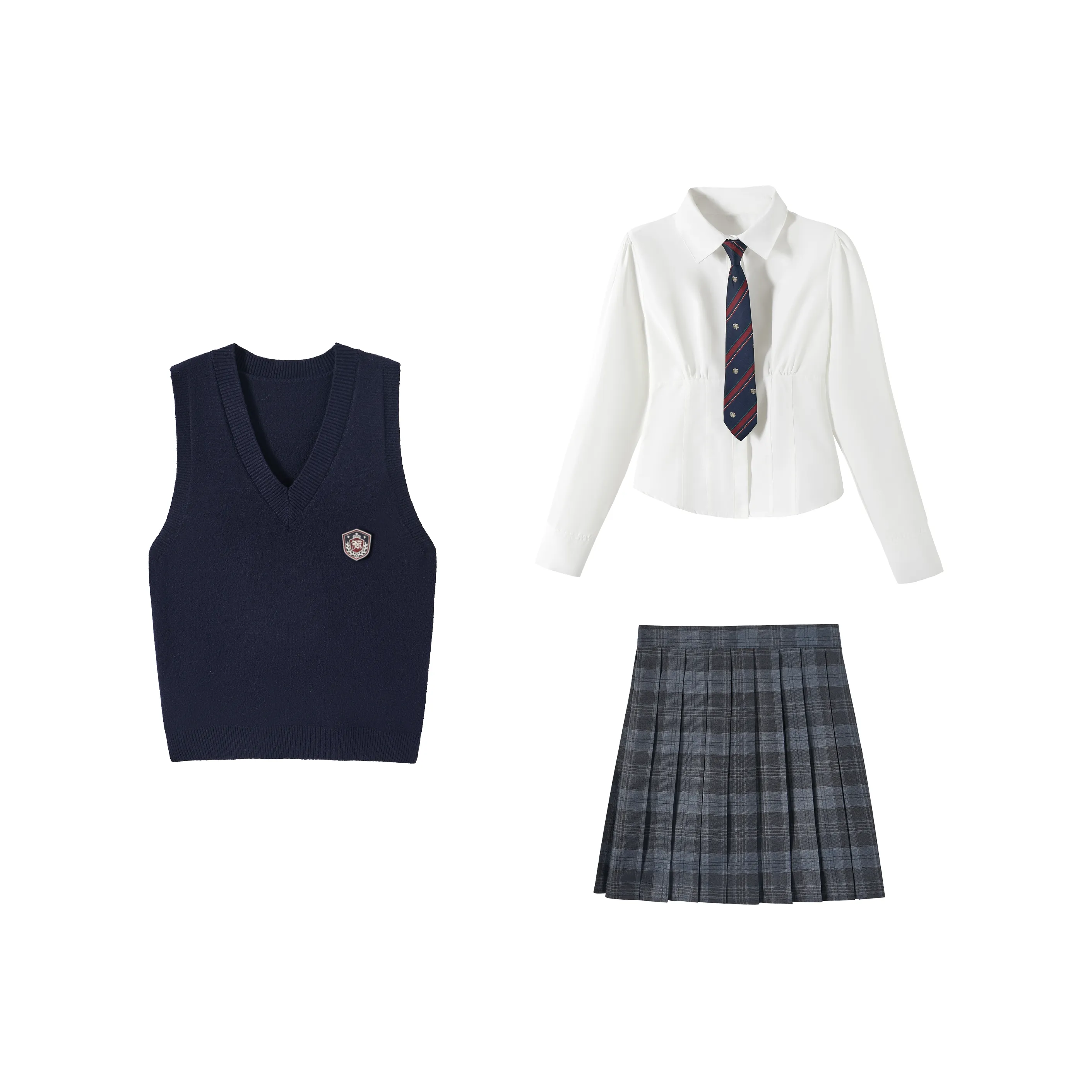 KAZAN Темно-синий V-образный вырез Значок на жилете + Белая с утяжкой на талии рубашка + Синие и черные клетчатые элементы юбка + Красные и зеленые элементы галстука Женская униформа