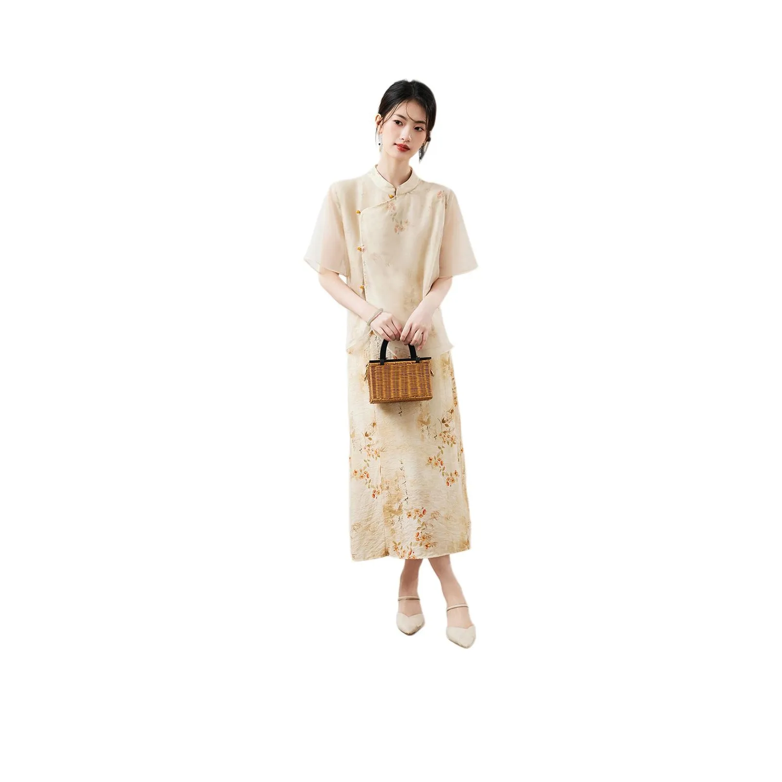 XINFEIYU Skirt Set Women's Apricot Blossom Top+Dress