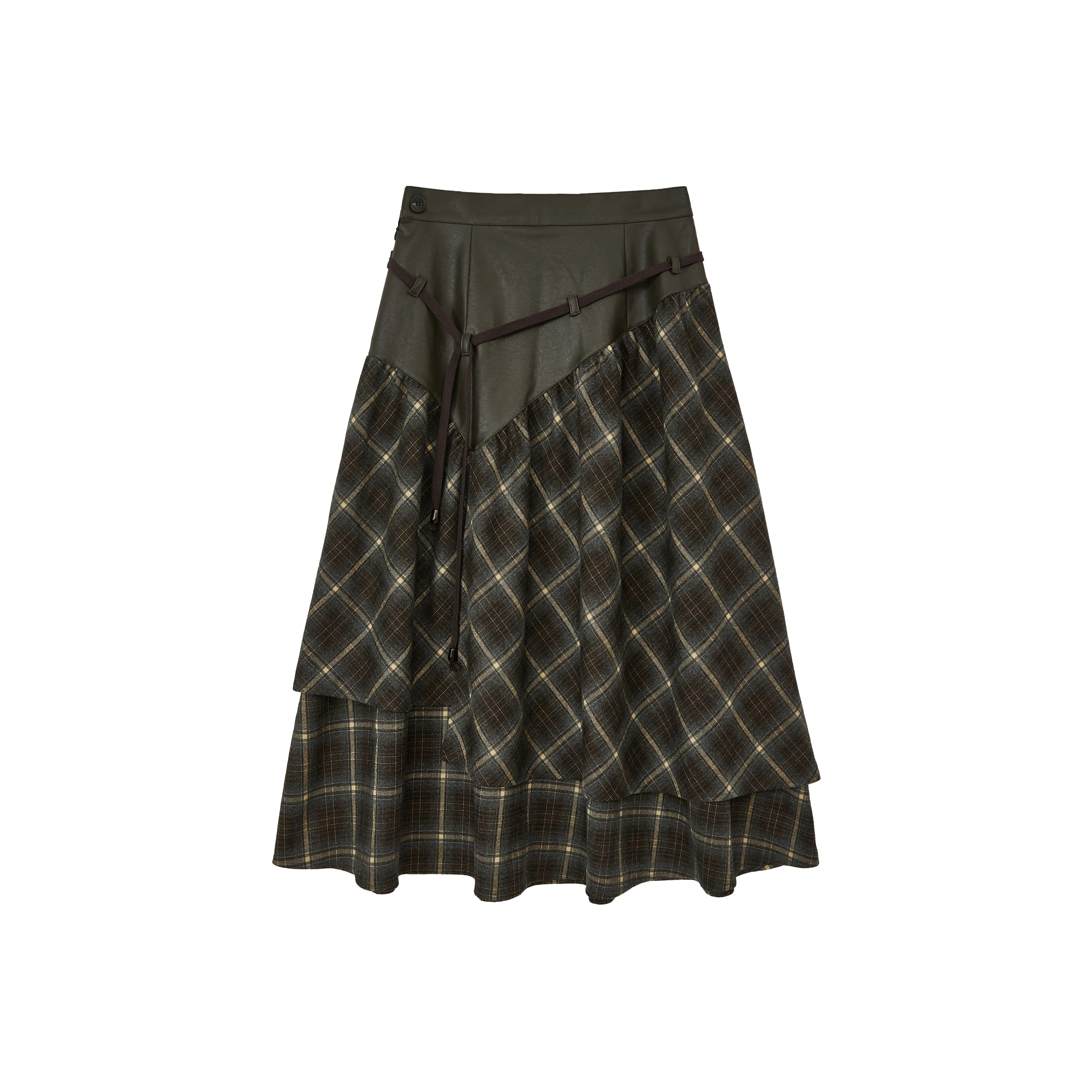 WULISHAONIAN Patchwork Plaid Asymmetrical Drawstring Versatile Playful Half Length Long Skirt Women's
