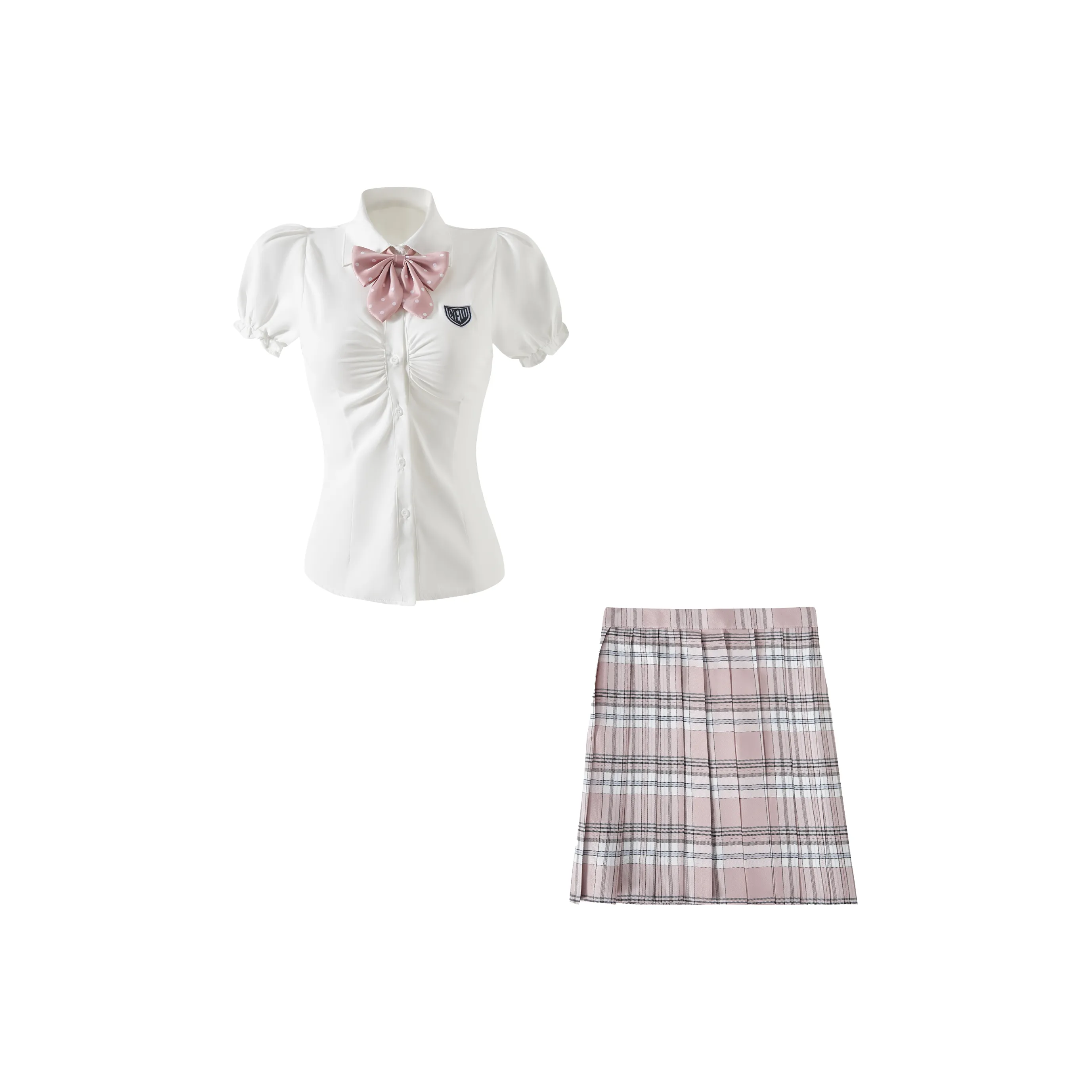 KAZAN Белый Значок Рубашка THREE Piece Набор White Waist Значок Рубашка + Бело-розовая Плиссированная Юбка + Розовый Галстук-бабочка Женская Униформа