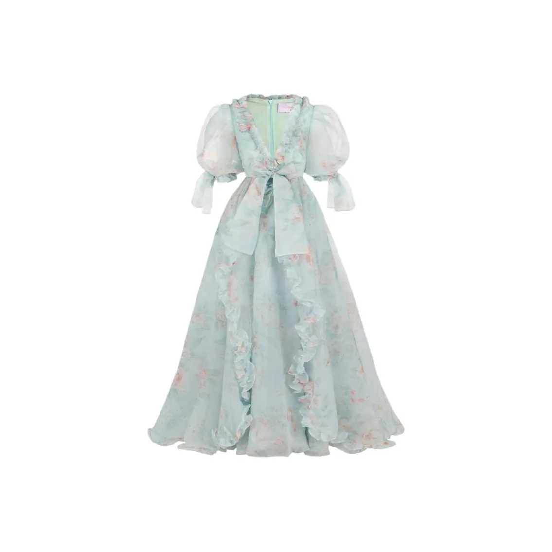 Selkie Collection SS24 Evening Dress Women's Light Blue Base Mint Herbal Print