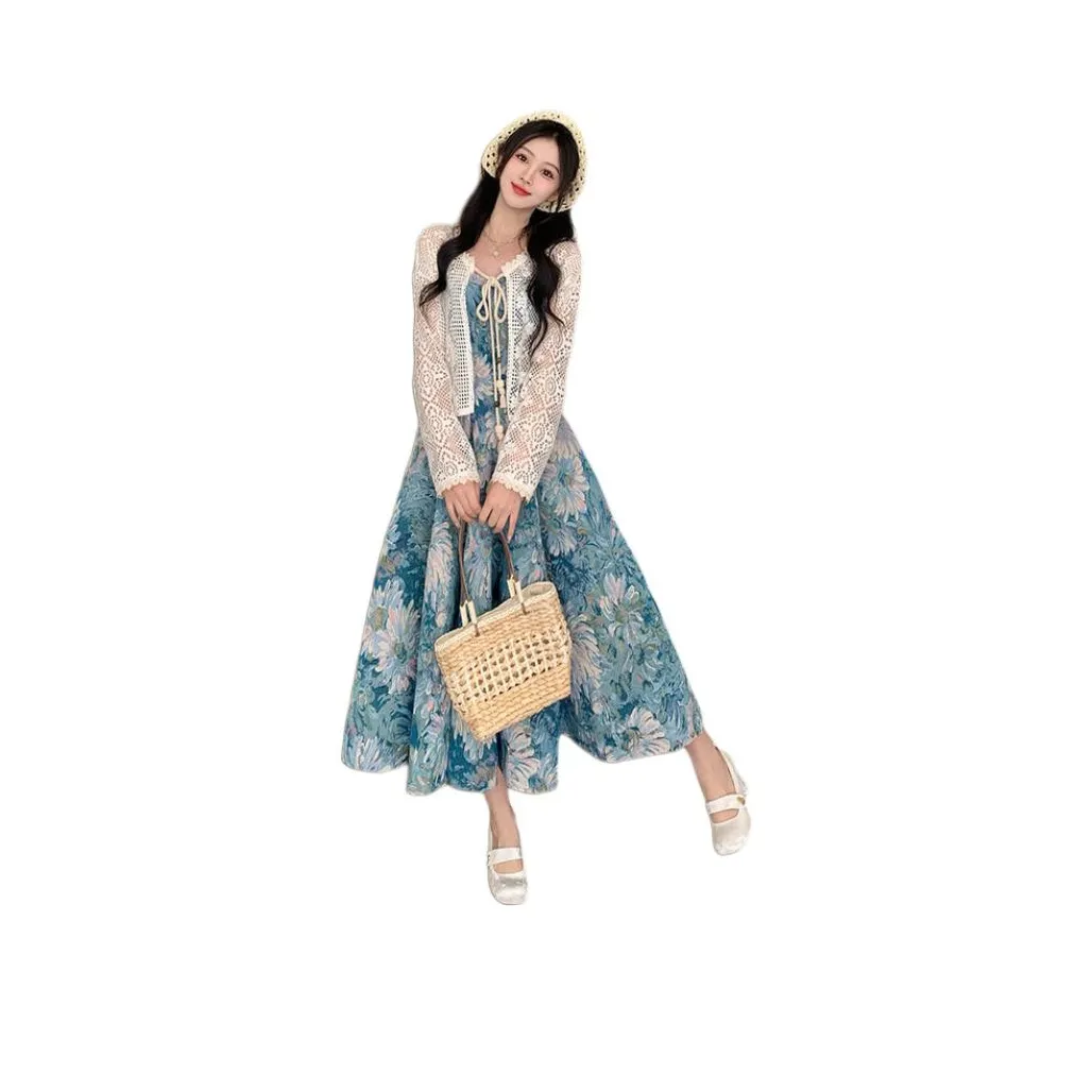 XIANSINIAO Two Piece Skirt Sets Women's Camisole Dress+Cardigan