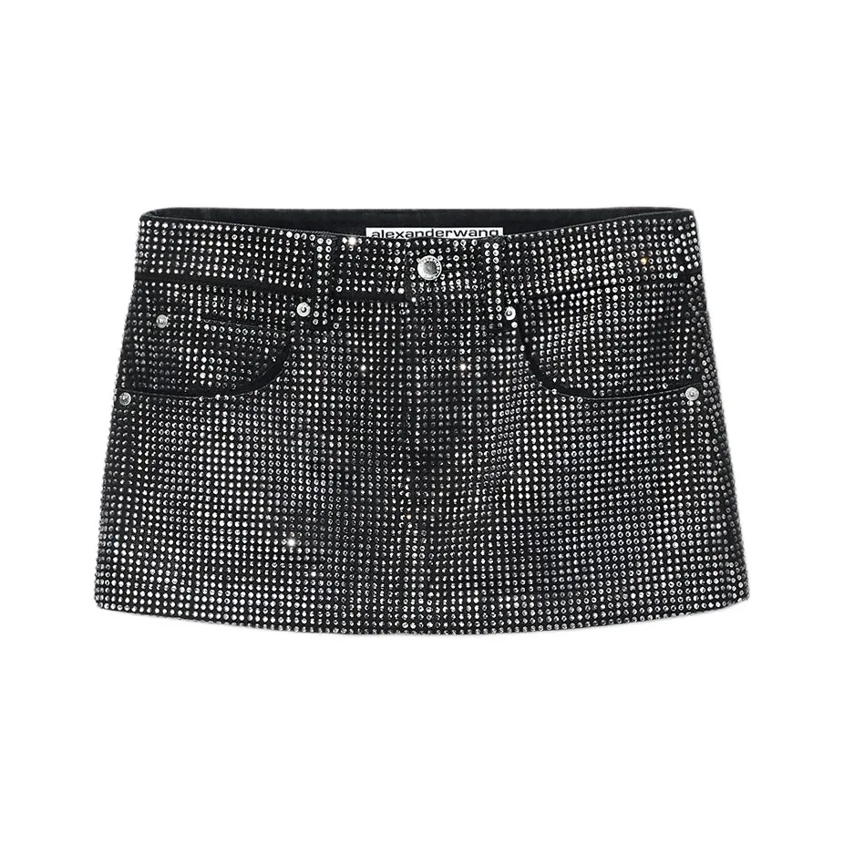 Alexander Wang All Over Distressed Crystal Mini Skirt Washed Black
