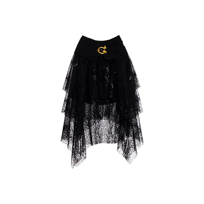 BESIONIA SS22 Повседневный Длинный Юбка Женские Черный