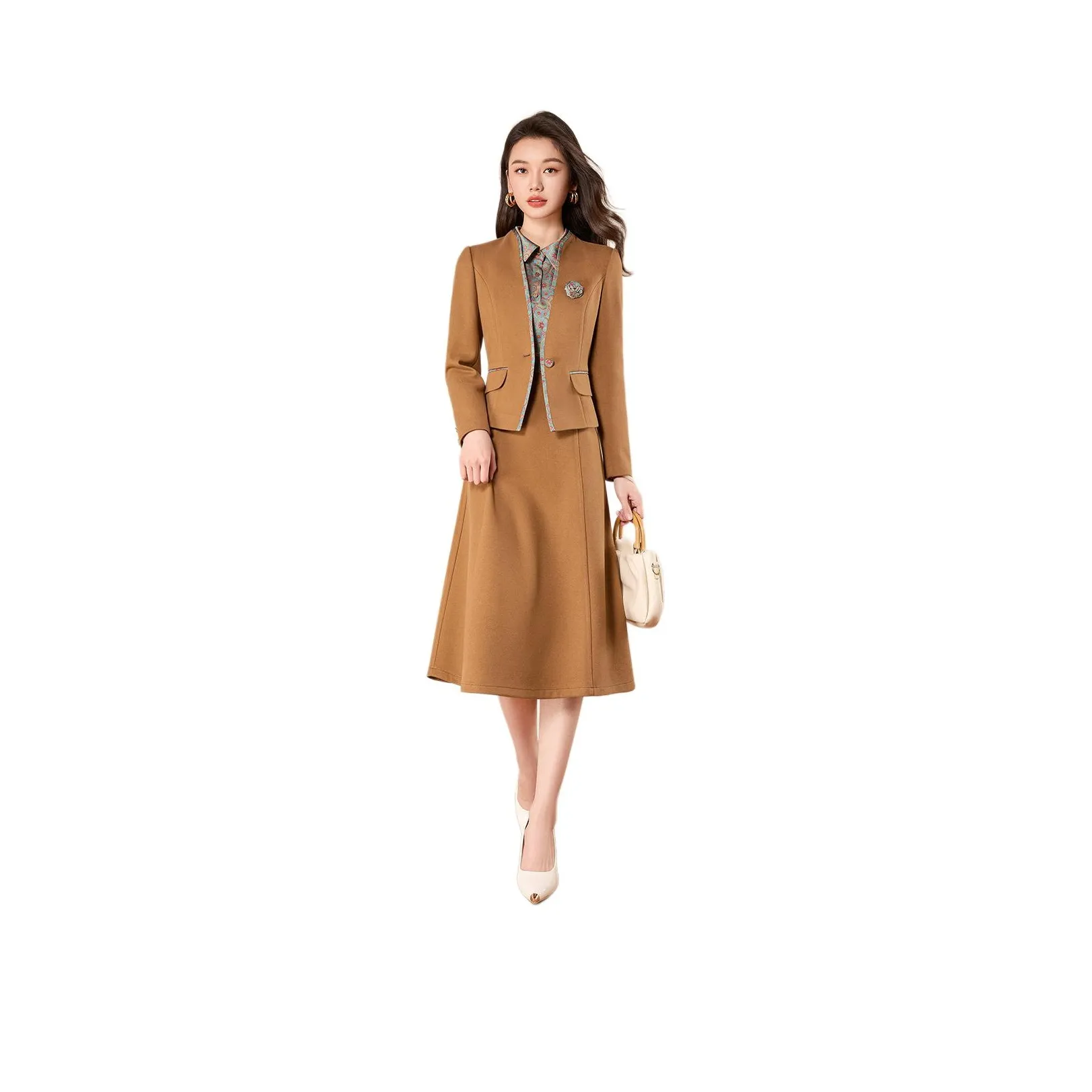 Mylan Spring Fall Skirt Set Cinched Waist Women's Khaki