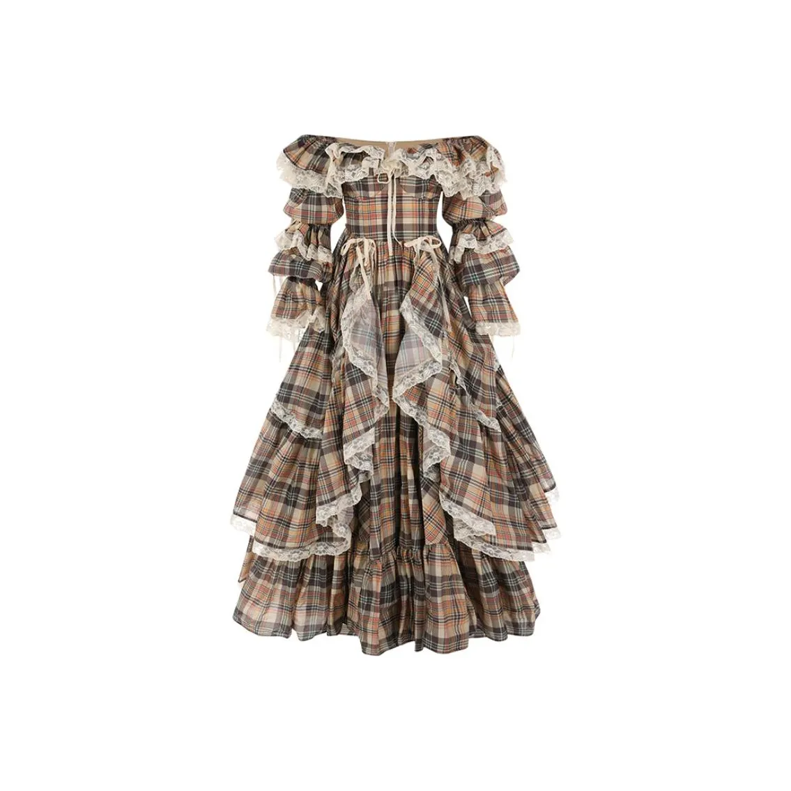 Selkie Collection FW24 Evening Dress Women's Brown Base With Houndstooth Pattern Print