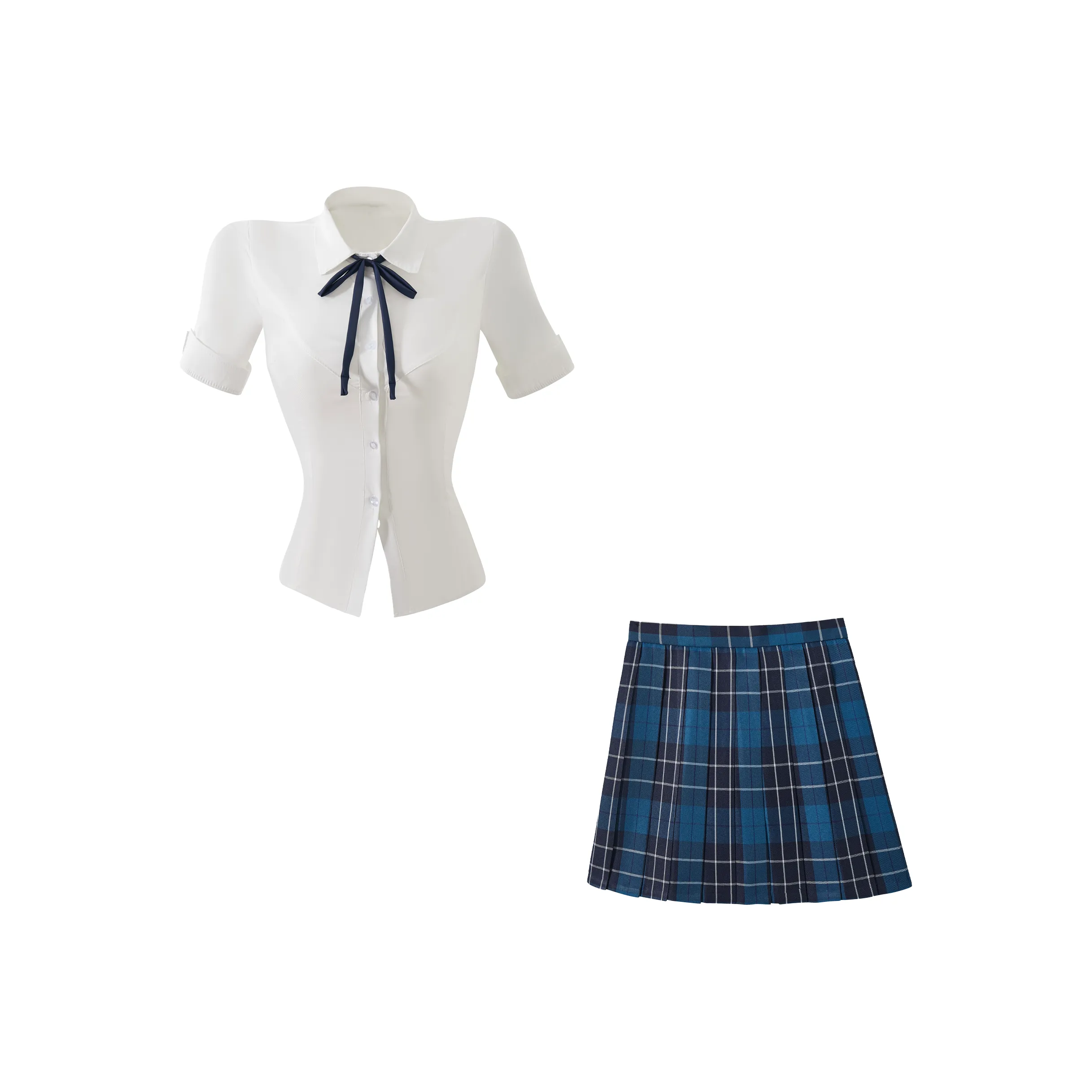 KAZAN Uniforms Women's Blue Three Piece Set White Cinched Waist Shirt+Blue And Black Pleated Skirt+Blue Bow Ties