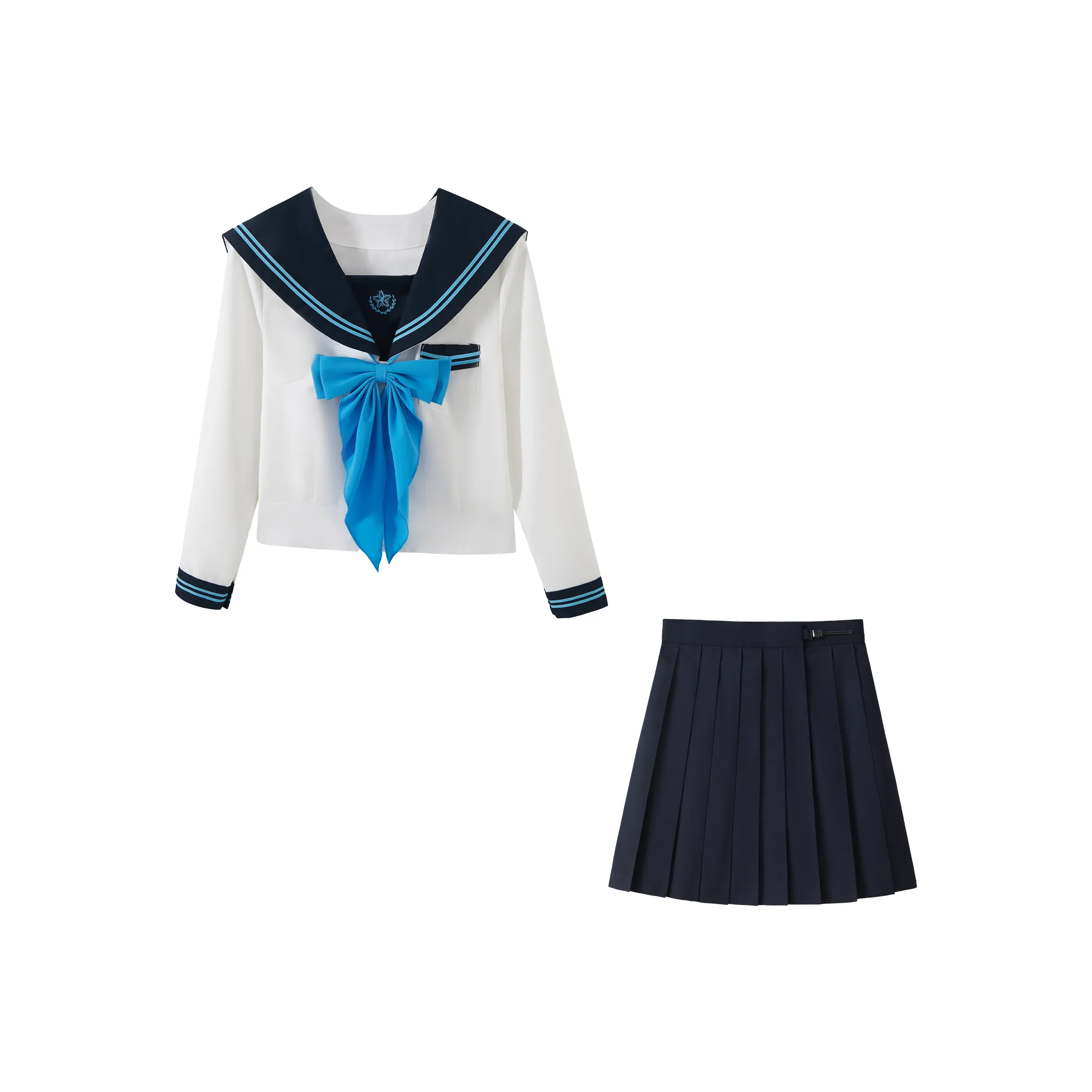 KAZAN Uniforms Women's Long Sleeved Navy Blue Collar With Sky Blue Sleeves Raw White Body Sailor Suit+Navy Blue Pleated Skirt+Blue Large Bow Ties