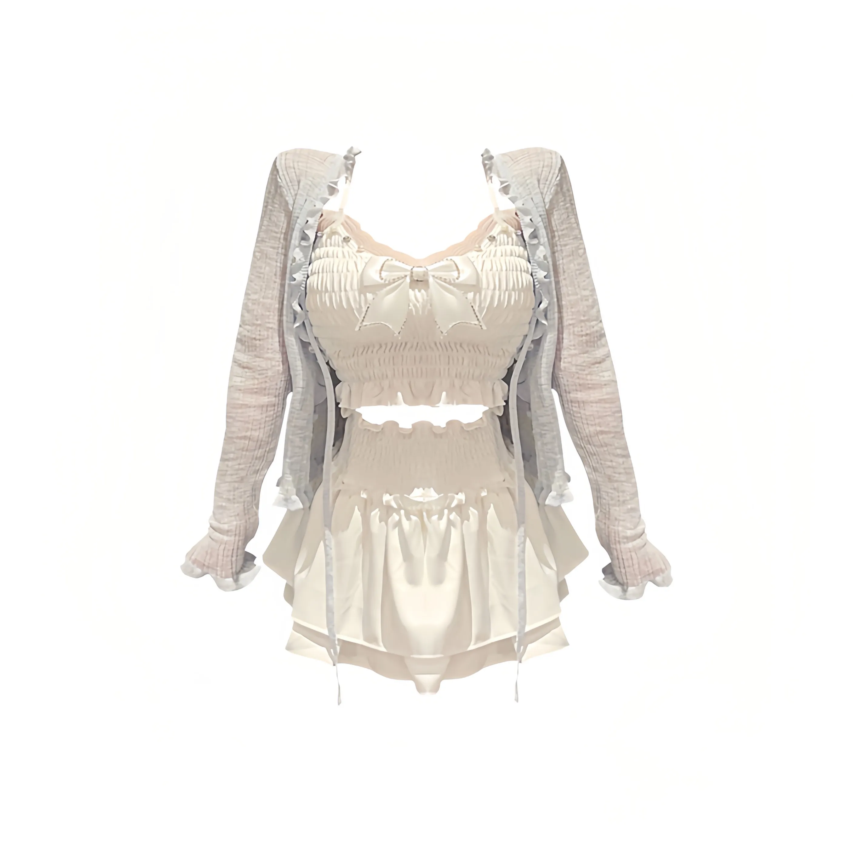 ONNFB Two Piece Skirt Sets Women's Blue Cardigan+White Puffy Skirt+Bowknot Camisole