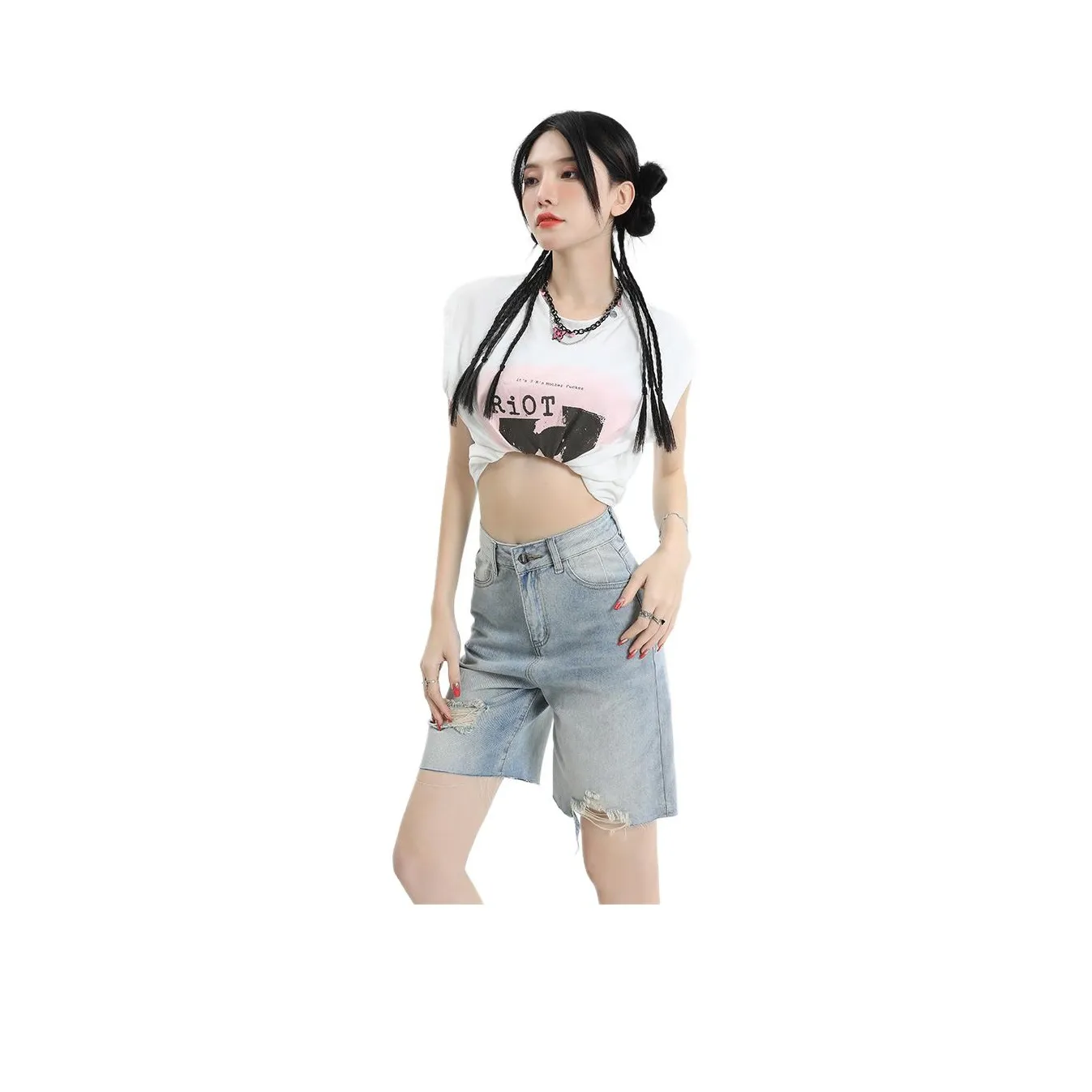 Kazakhstan Denim Shorts Women's Ripped Knee-Length Jeans