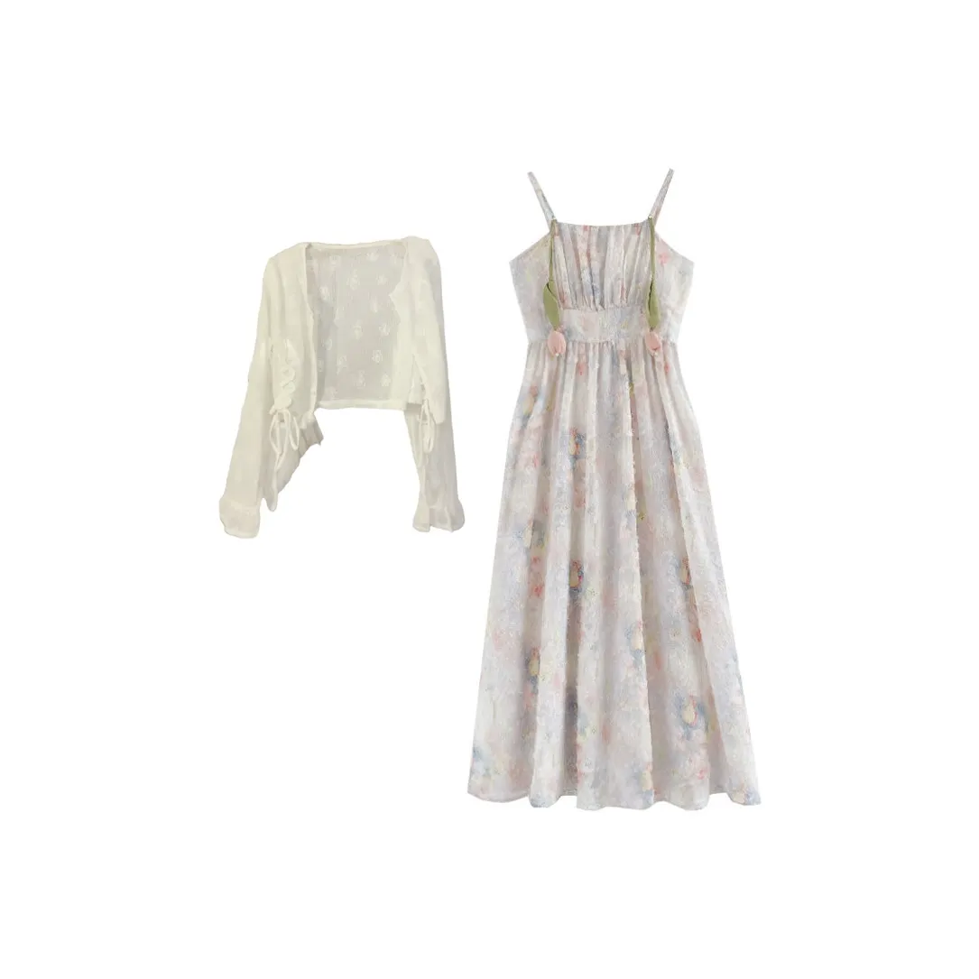 Yvetteclassic Комплект с юбкой Женская Белая Юбка Кардиган Многоцветный Топ на бретелях