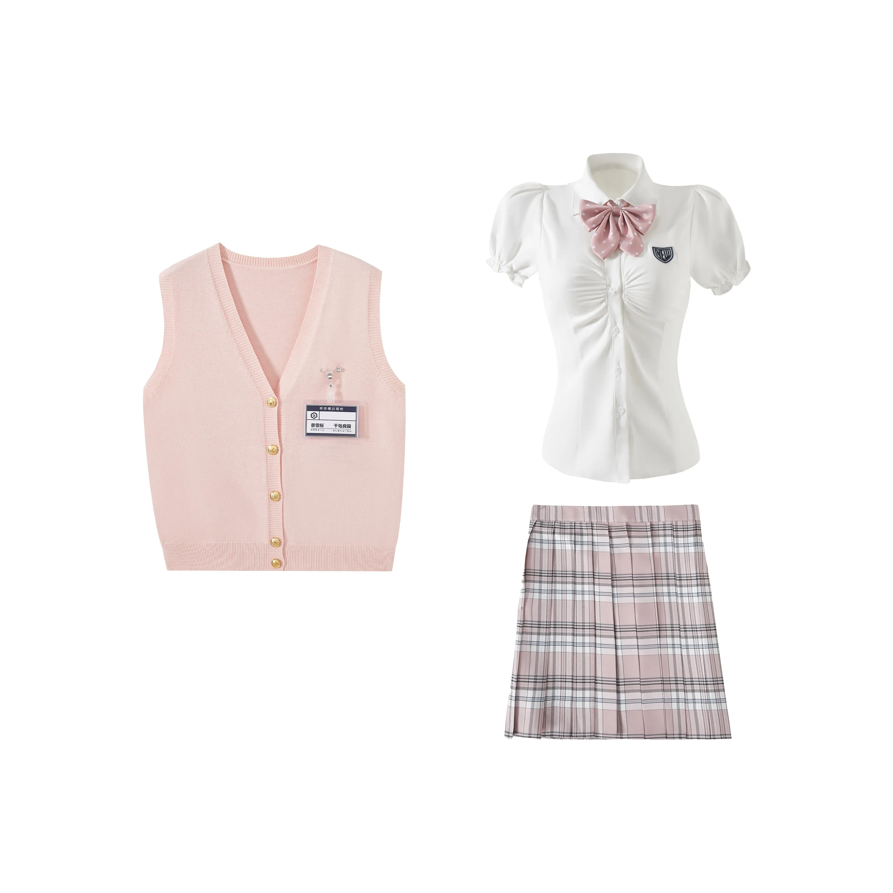 KAZAN Розовый Жилет FIVE Комплект Розовый Жилет + Грудь Пластина + Белый Значок с утяжкой на талии Рубашка + Белый и Розовый Собранный Юбка + Розовый Галстук-бабочка Женская Униформа