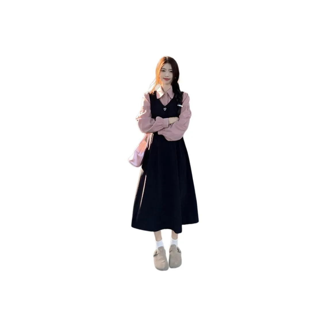 XIANSINIAO Two Piece Skirt Sets Women's Pink Shirt+Black Tank Dress