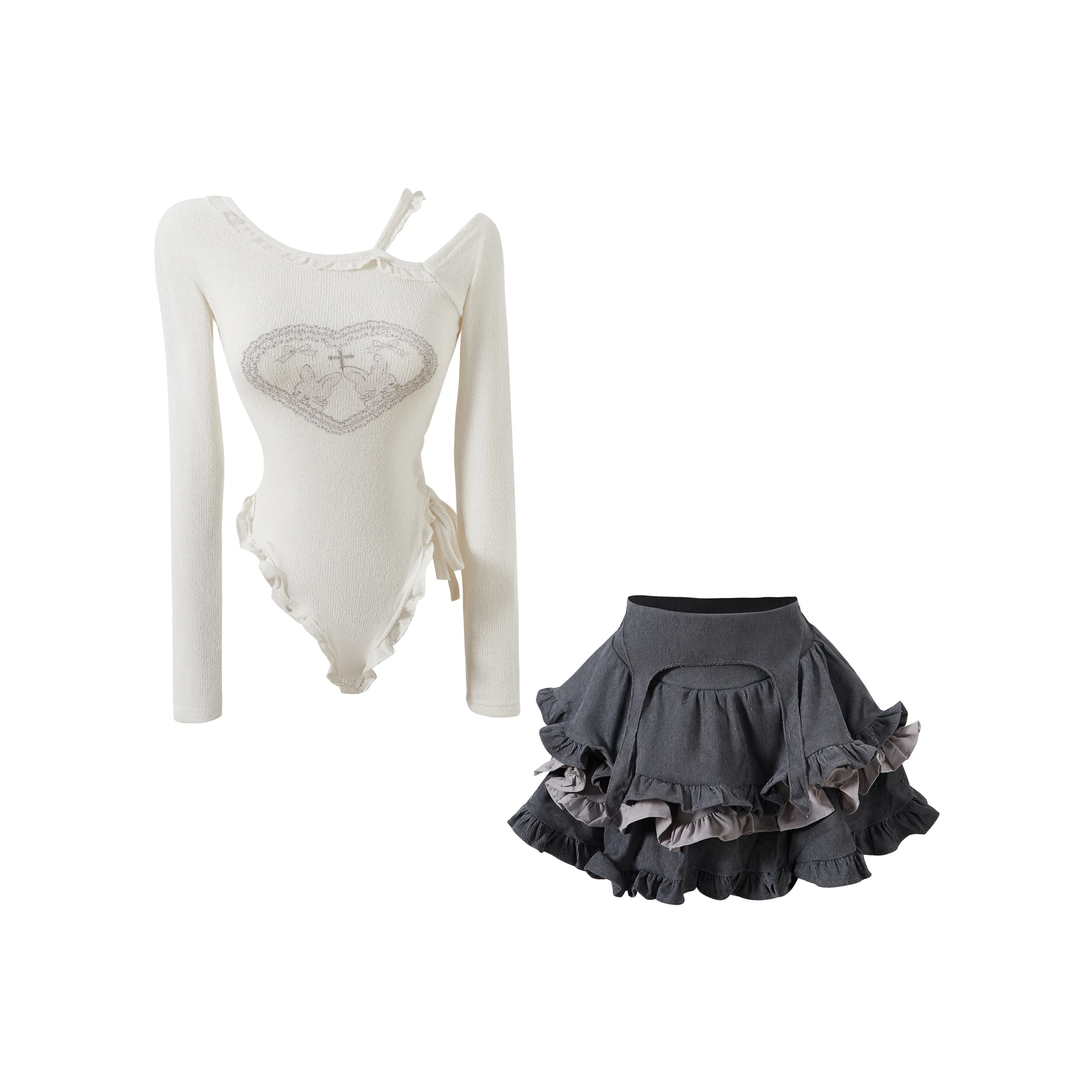 KAZAN Двухкомпонентный комплект: белый топ + серая ярусная юбка, женская униформа