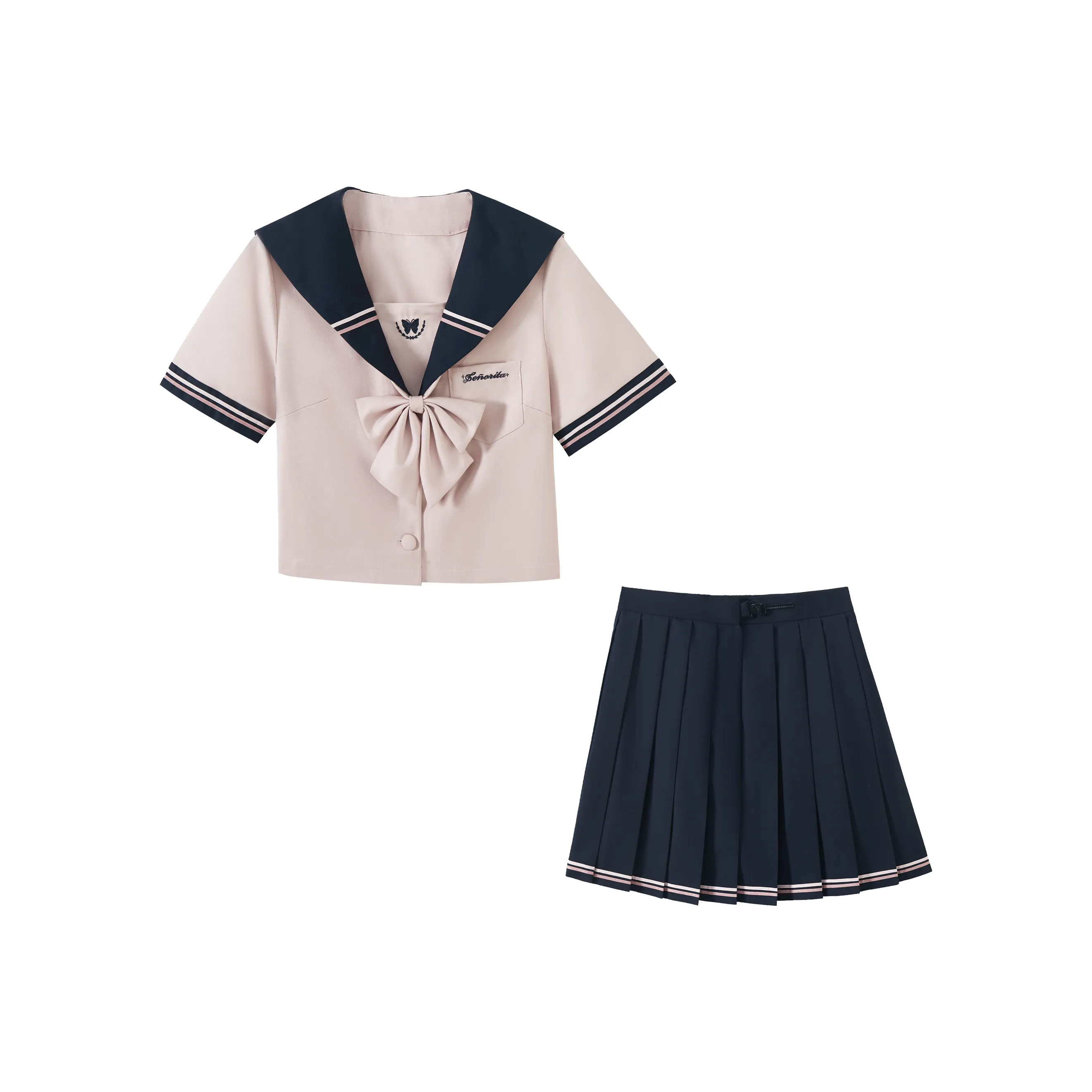 KAZAN Розовый Короткий Рукав Матроска + Темно-синий Плиссированная Юбка Женская Униформа