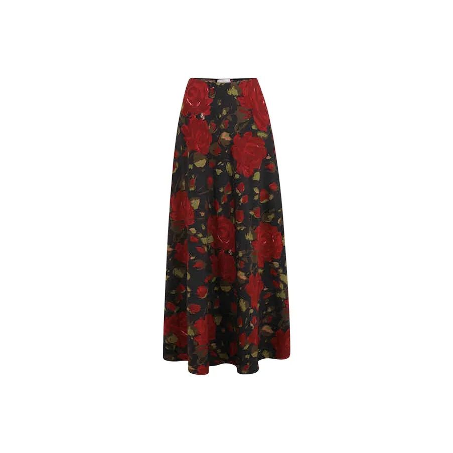 Selkie Collection SS25 Casual Long Skirts Women's Red Rose Print In The Black Night