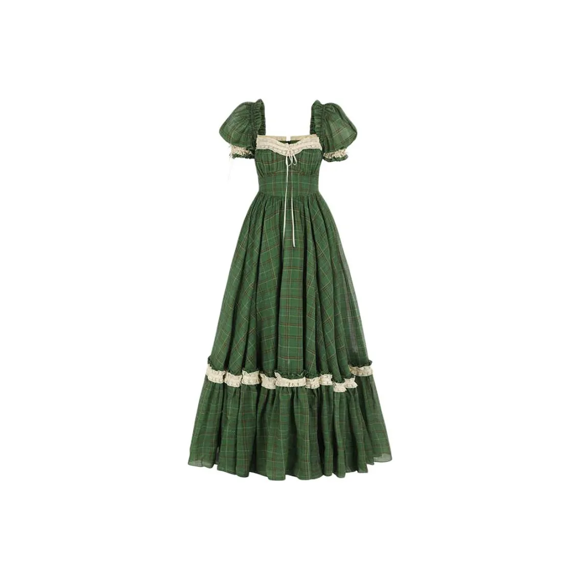 Selkie Collection FW24 Evening Dress Women's Green Base Moss Plaid Print