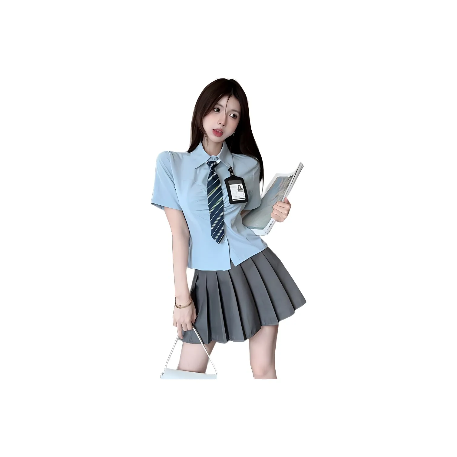 Garbege Uniforms Women's Blue Shirt Tie With Chest Badge+Gray Skirt Set