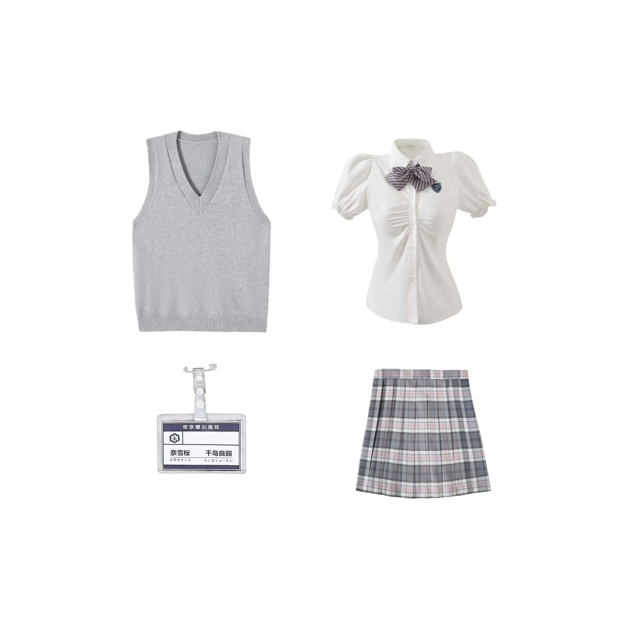 KAZAN Серый жилет FIVE Piece Set Серый V-образный жилет + Белая рубашка с утяжкой на талии + Серо-розовая юбка с воланами + Черно-розовый галстук-бабочка + Наименование ярлык Женская униформа