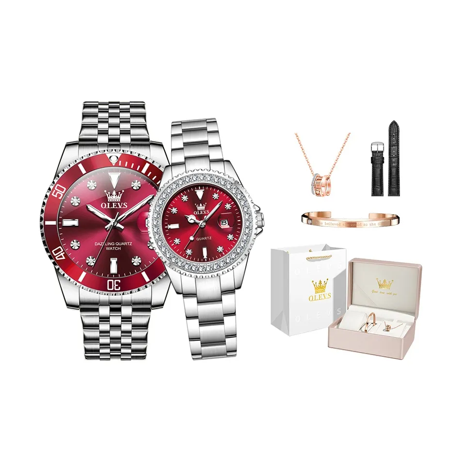 OLEVS Кварцевый механизм ремешок из нержавеющей стали унисекс красный циферблат часов