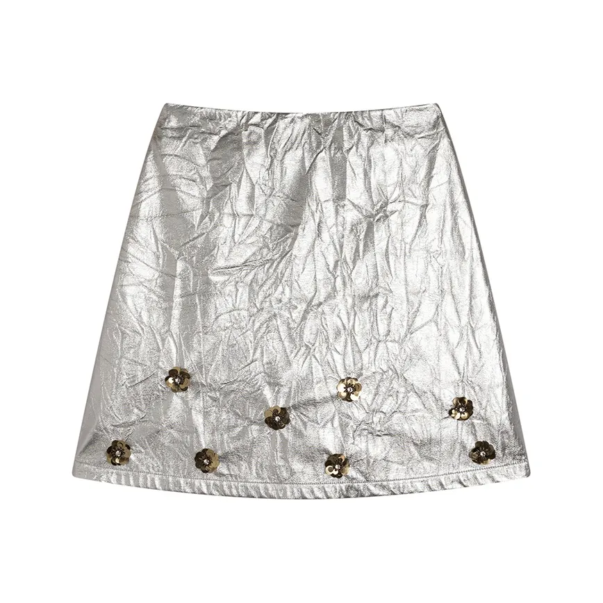 Ouyang Кожаные короткие юбки Женские Серебристые